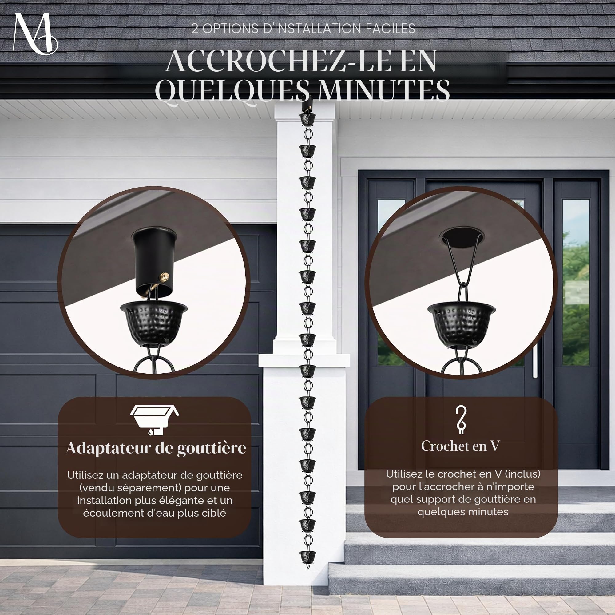 Monarch Rain Chains Chaîne de Pluie décorative en Aluminium martelé avec revêtement en Poudre Noire de 2,6 m pour gouttières, Tuyau de Descente de Rechange en Aluminium Noir