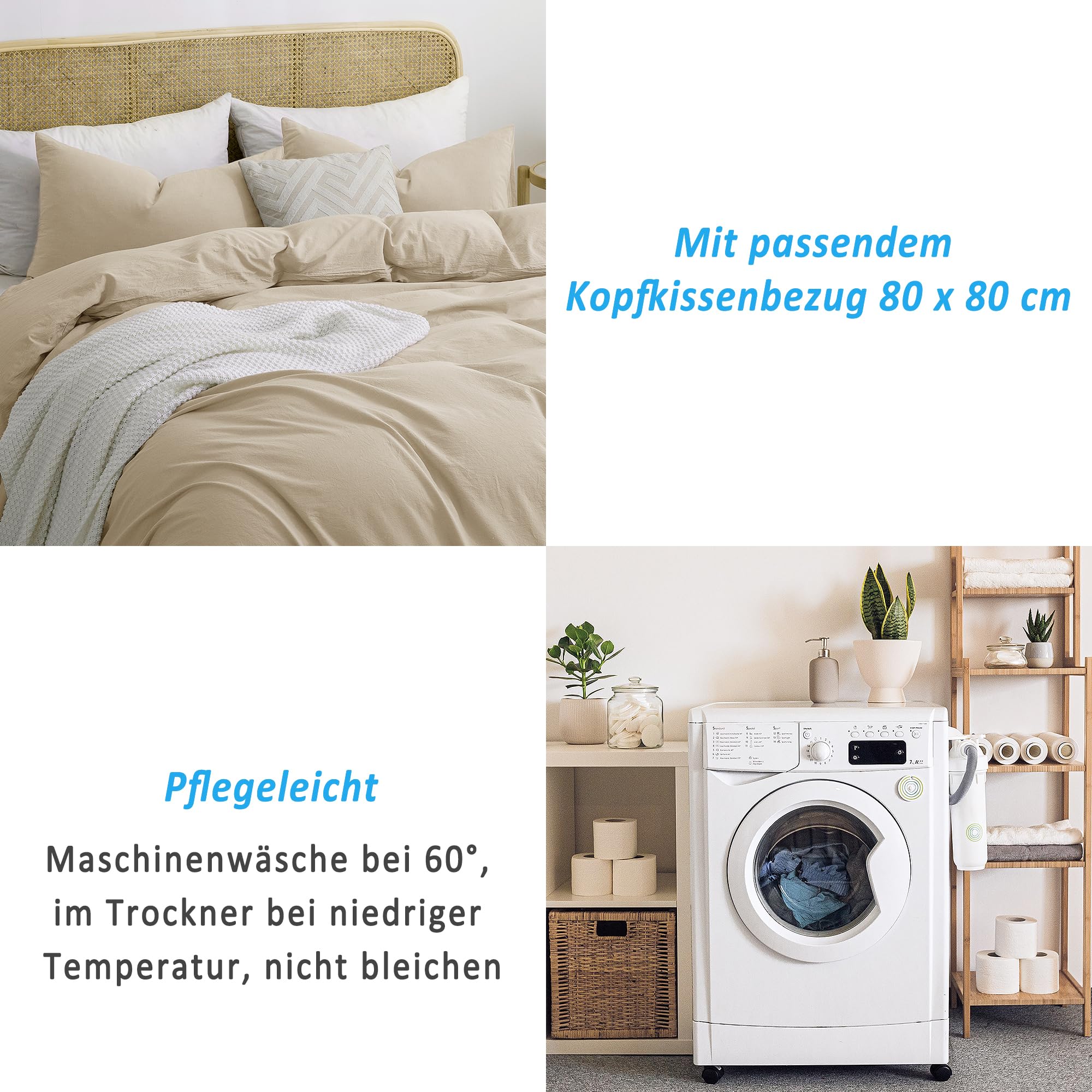 ATsense Ropa de cama 135 x 200 algodón 4 piezas, juegos de ropa de cama lavado en piedra color topo claro similar al lino, Oeko-TEX, hipoalergénico y transpirable, 2 fundas nórdicas y 2 fundas de