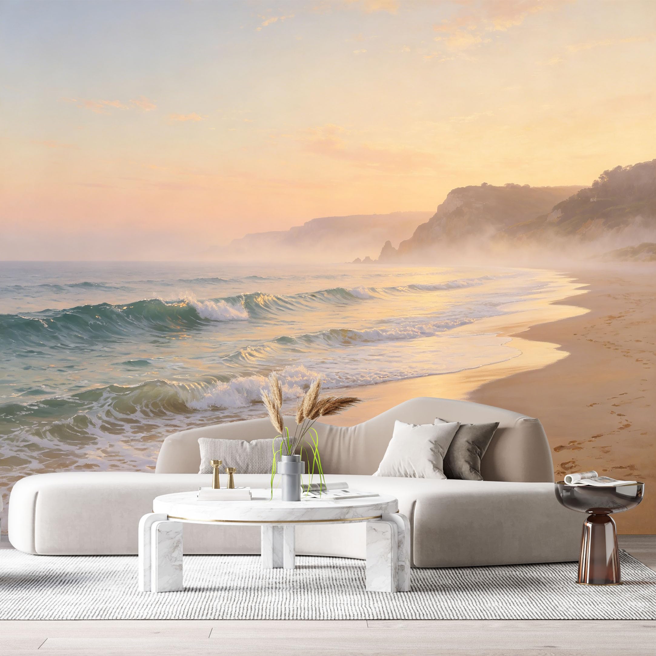 Custom Size Wall Murals Coastal Landscape Ocean Marine Watercolor Sunrise Sandy Beach Sea Waves SelfAdhesive Wall Fabric Removable Large Wallpaper Photo for Living Room