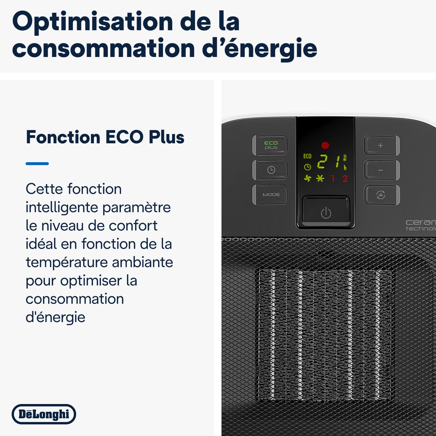 De'Longhi HFX60V20 Radiateur ventilateur vertical, technologie céramique, silencieux, 2 niveaux de puissance, ventilation d'été, minuterie 24H, fonction Eco-énergie, lumière, anti-basculement, léger,