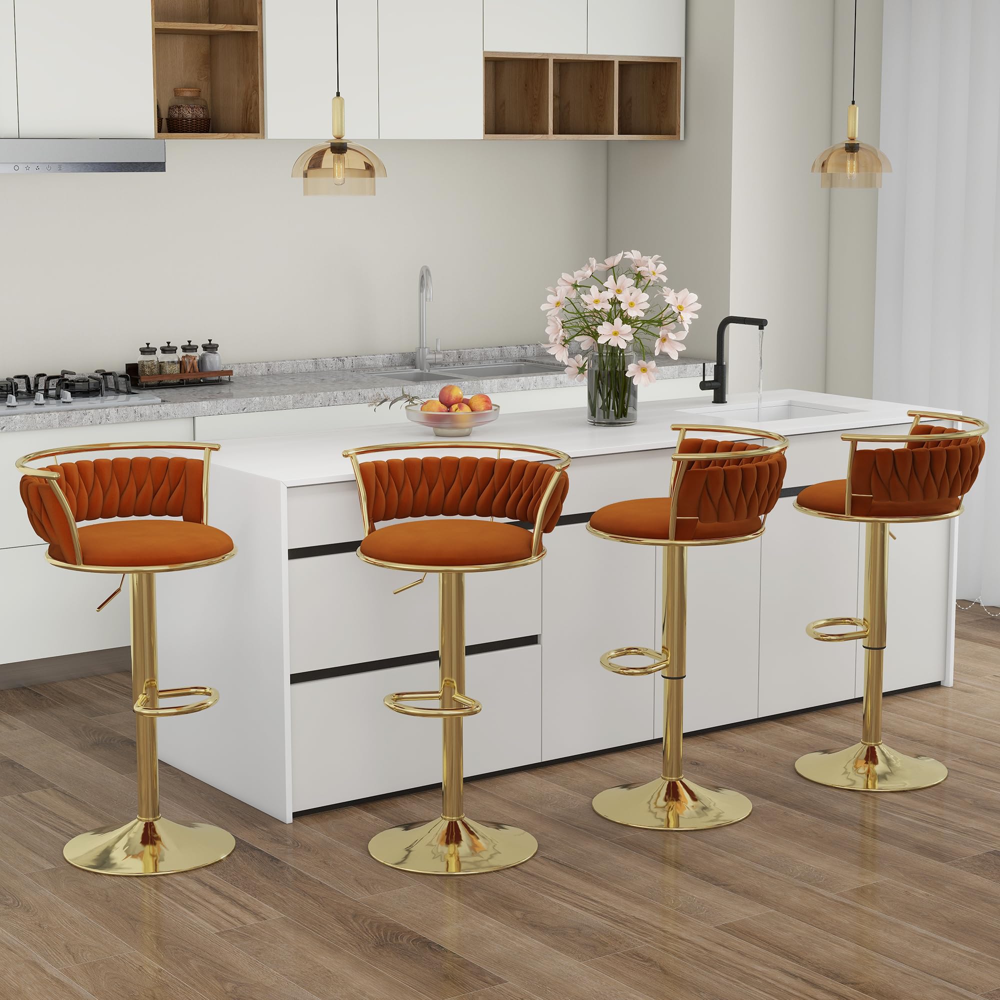 DREAMSIDEA Velvet Swivel Bar Stools, Adjustable Counter Height Bar Chairs with Low Back & Footrest, Modern Gold Bar Stools for Kitchen Island, Bar Pub