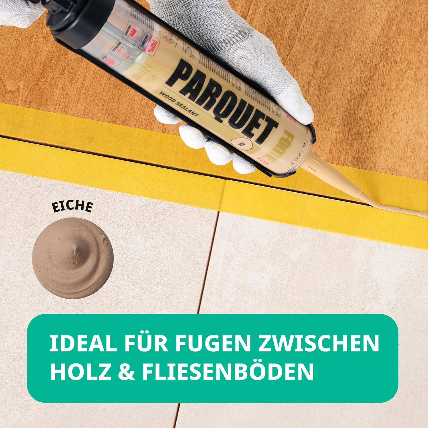 4x Parkett-Fugenfüller Eiche + Kartuschenpistole – Acryl Dichtstoff für Holz, Parkett und Laminat, überstreichbar mit 2000N Pistole