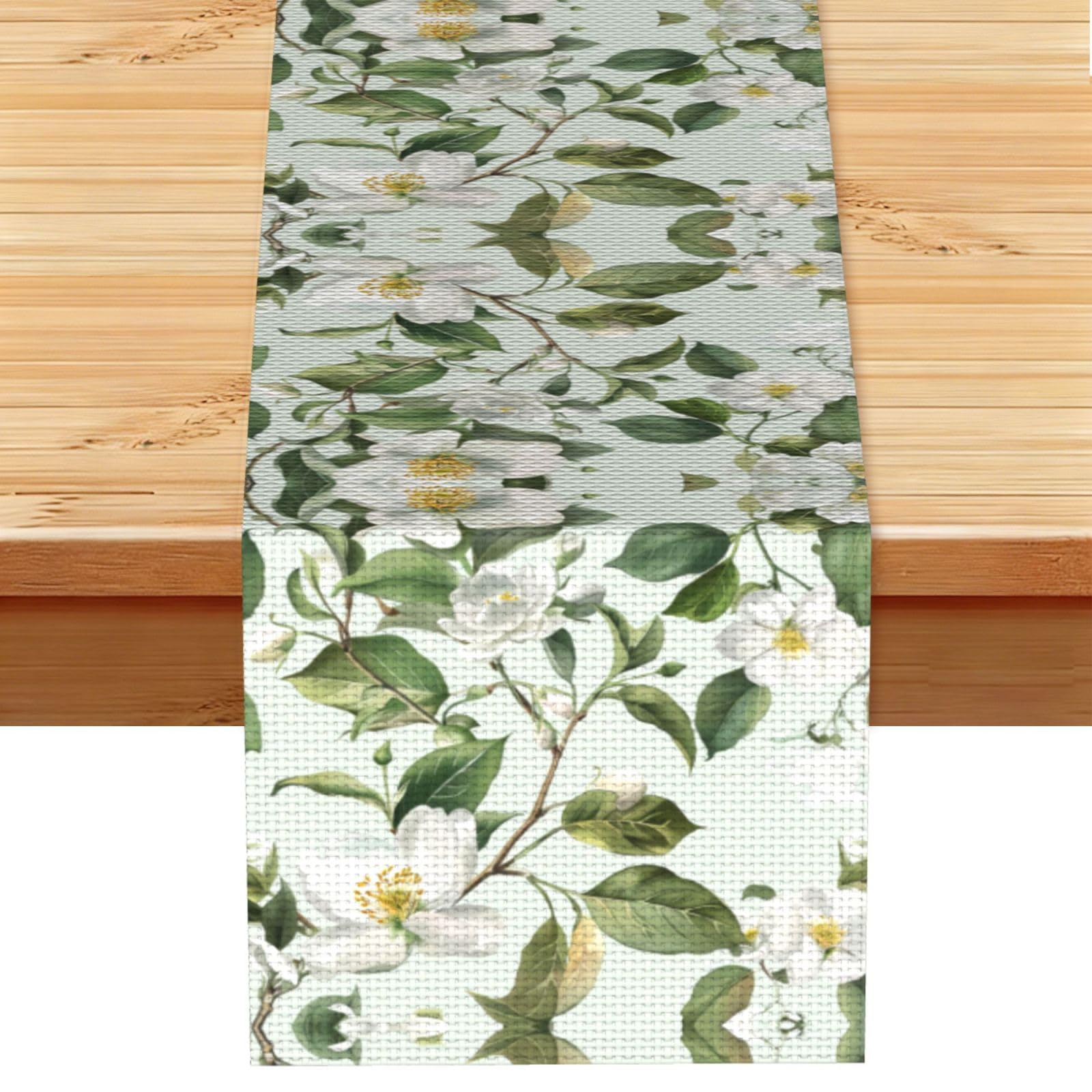Crisp Sage White Flowers Printed Table Runner 13 x 72, Wrinkle Resistant Decor for Dining Table Coffee Table Fireplace