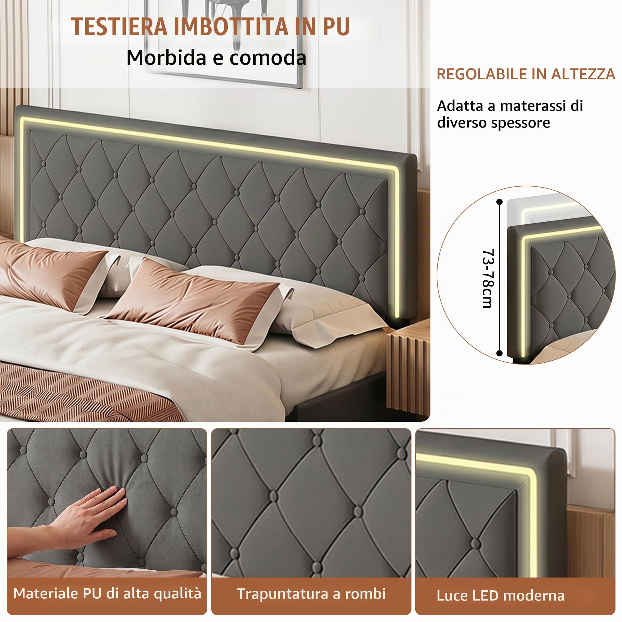 BRILVERDE Letto Imbottito 140x200 con Contenitore, Letto Matrimoniale con USB, con 4 cassetti, con testiera, Struttura Letto con Rete a doghe, PU (Grigio, 140 x 200 cm)