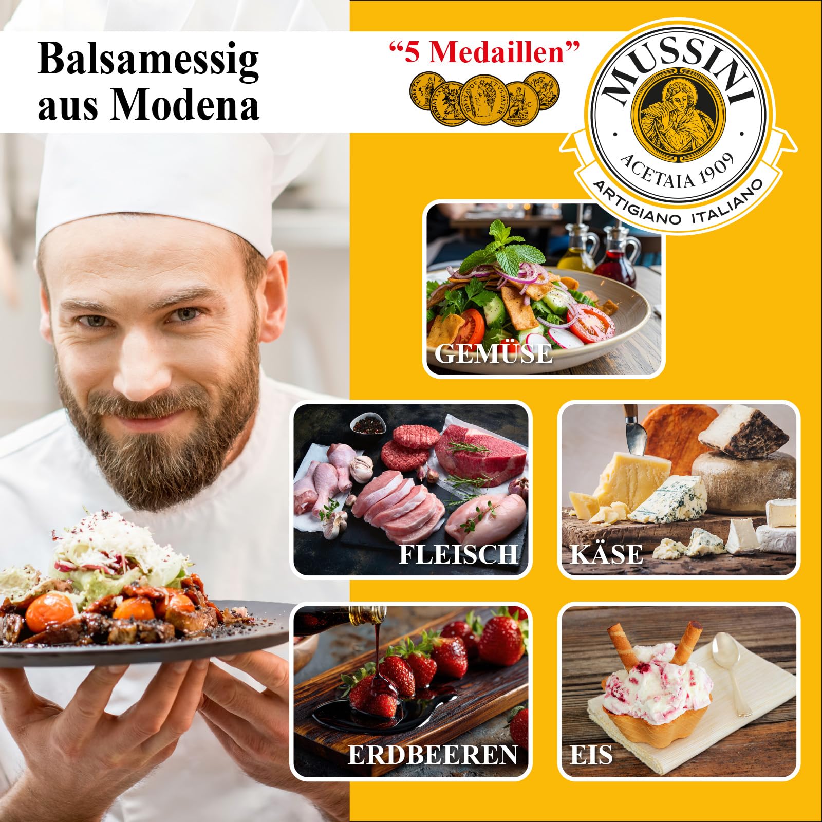 Mussini Aceto Balsamico Di Modena IGP – IL DENSO 12 ans – 5 médailles d'or – 250 ml – primé de la région de Modena Emilia-Romagna – Fabrication artisanale dans 12 types de fûts en bois différents