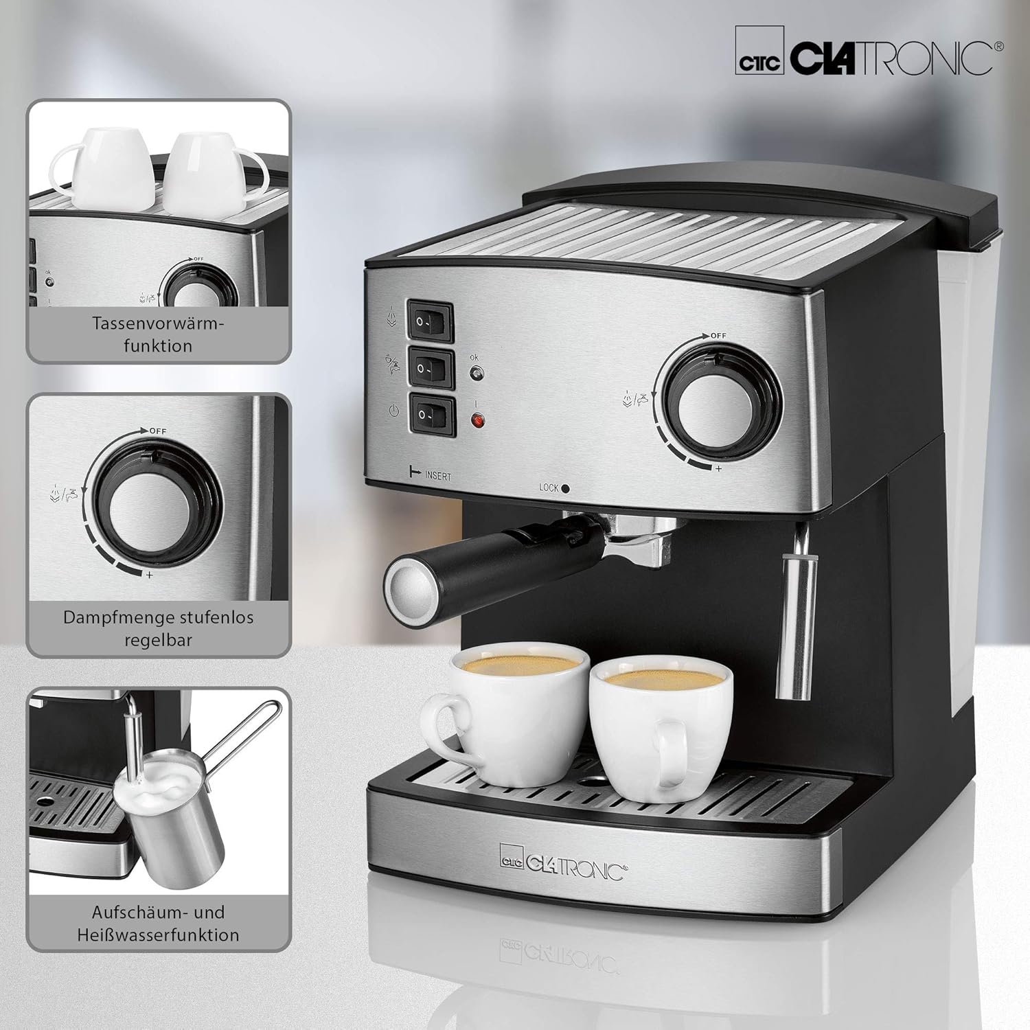 Clatronic ES 3643 macchina da caffè espresso, Acciaio Inossidabile Caricamento, vapore a pressione 15 Bar, 1,6 L, inox rimovibile per serbatoio dell acqua, Nero Clatronic ES 3643 macchina da caffè espresso, Acciaio Inossidabile Caricamento, vapore a pressione 15 Bar, 1,6 L, inox rimovibile per serbatoio dell acqua, Nero