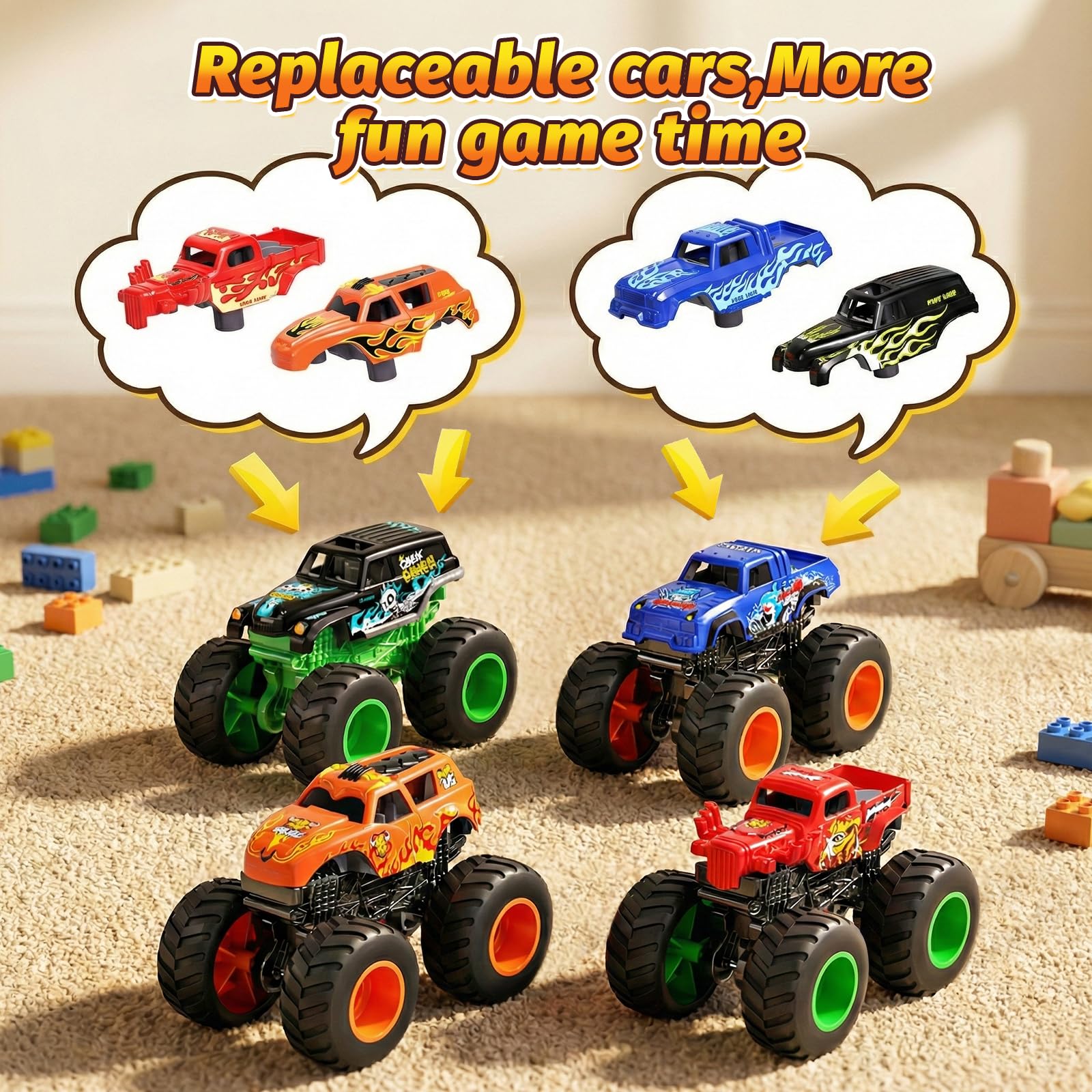 Monster Truck - Set da 27 pezzi con tappetino da gioco, mini camion giocattolo in scala 1:64 con carrozzerie intercambiabili, rampe e barili, gioco da corsa fai da te, regalo di compleanno