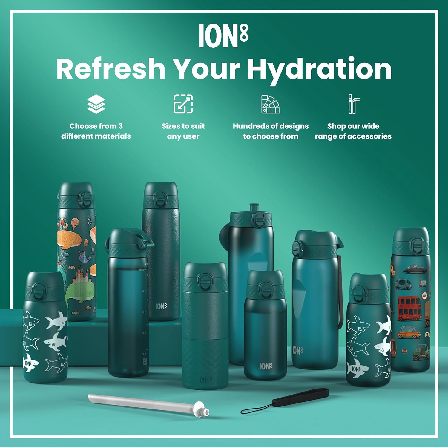 ION8 Water Bottle, 500 ml/18 oz, Leak Proof, Easy to Open, Secure Lock, Dishwasher Safe, BPA Free, Flip Cover, Carry Handle, Fits Cup Holders, Easy Clean, Odor Free, Carbon Neutral, Green, Camo Design - Image 8