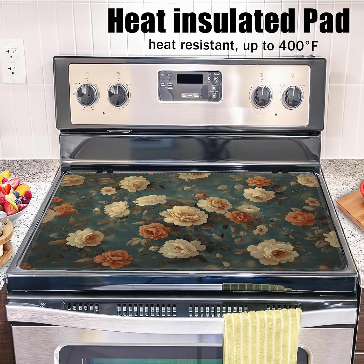 Vintage Rose Flower Glass Top Stove Cover Protector,Retro Floral Heat Resistant Stove Top Cover, Large Size Range Covers for Electric Stove Countertop Mat, 28 x 20 Inch