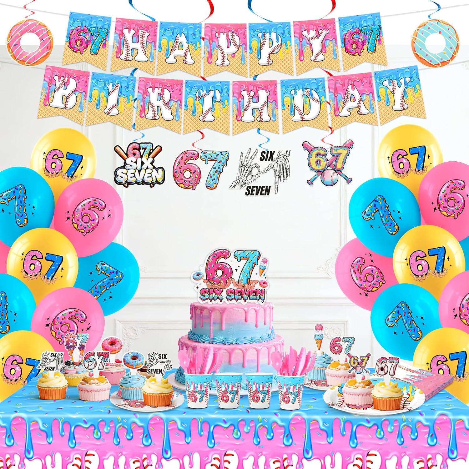 67 Birthday Decorations Party Supplies 191 Pcs 6 7 Meme Themed Set Tableware Plates Cups Cutlery Napkins Tablecloth Banner Backdrop Cake Toppers Balloons Hanging Swirls Six Seven, Serves 20
