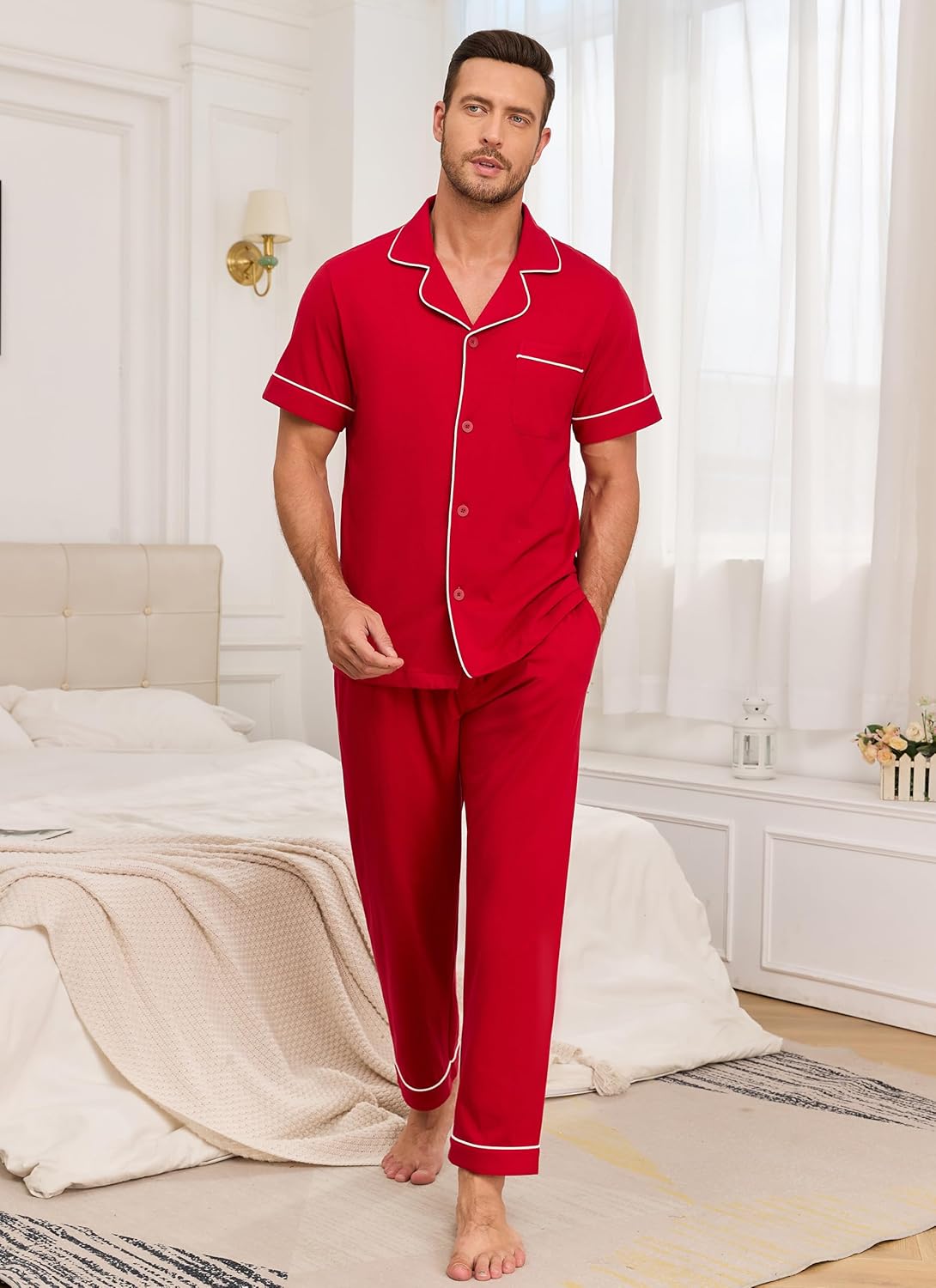 EA'S SECRET Mens Pajamas Set 100% Cotton Soft Button Pajamas for Men Short Sleeve Sleepwear 2 Piece Lounge Pjs Sets - Image 6