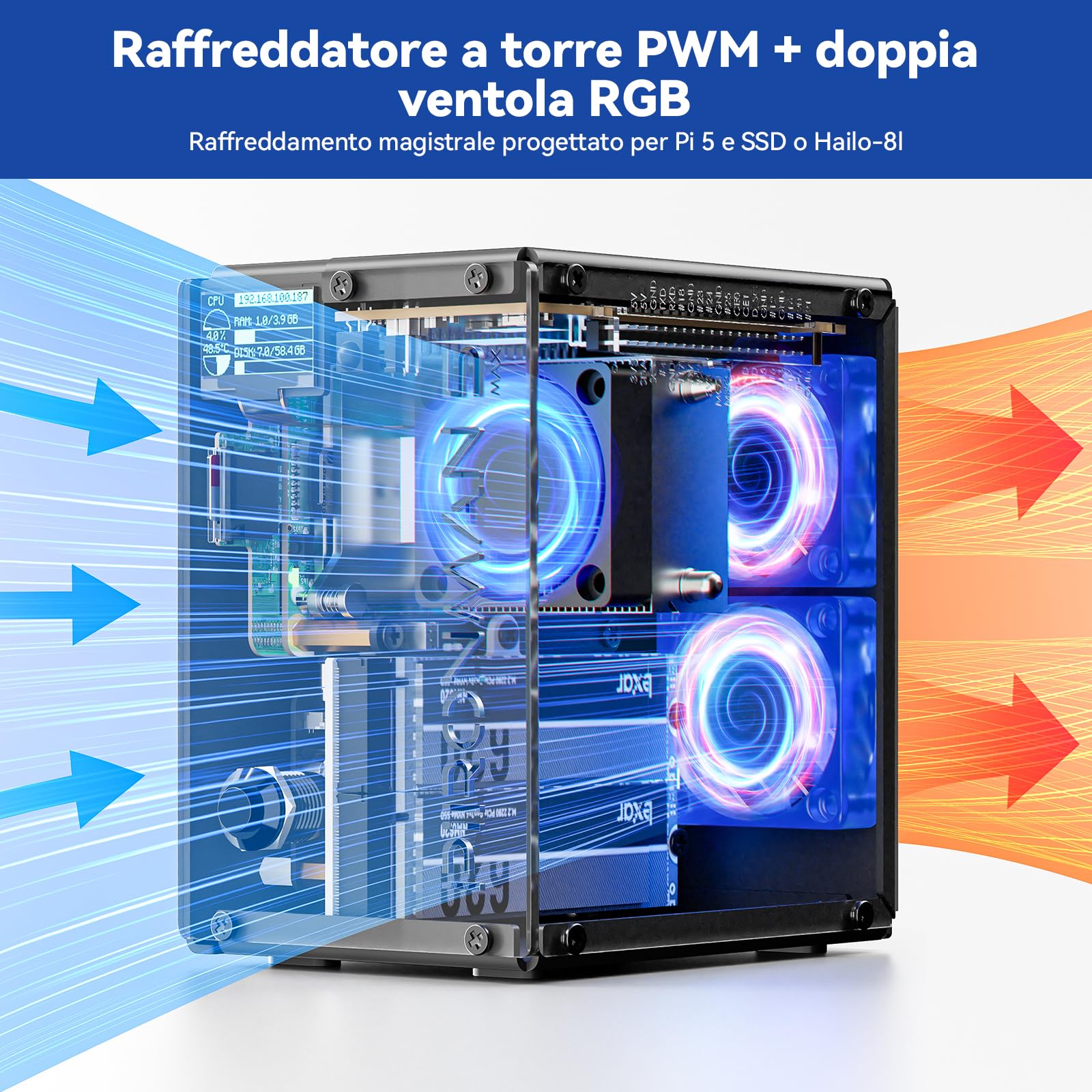 Pironman 5-MAX NVMe M.2 SSD PCIe Alloggiamento Raspberry Pi 5 NAS RAID 0/1 AI Acceleratore Hailo-8L PWM Ventole RGB 0,96" OLED Spegnimento sicuro HDMI (RPI5 non incluso)