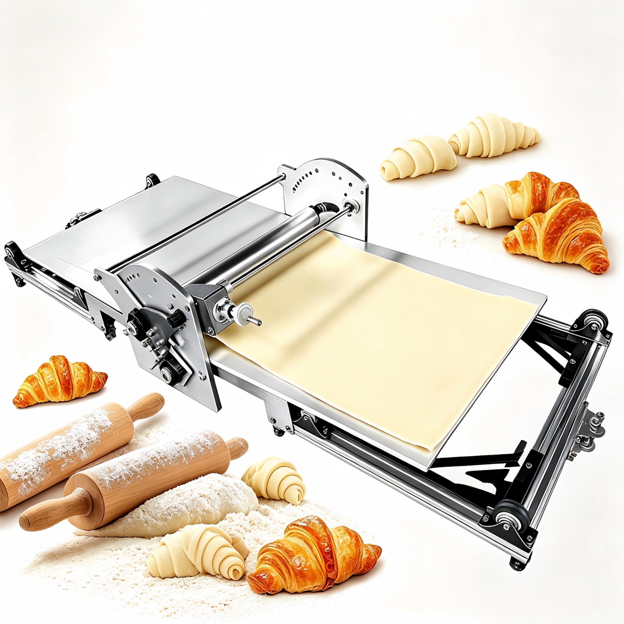 Elektrische Nudelholzmaschine, Wendenudelholz | 2-30 mm einstellbare Dicke, 304 Edelstahl Teiglaminator für die Herstellung von Gebäck und Backwaren