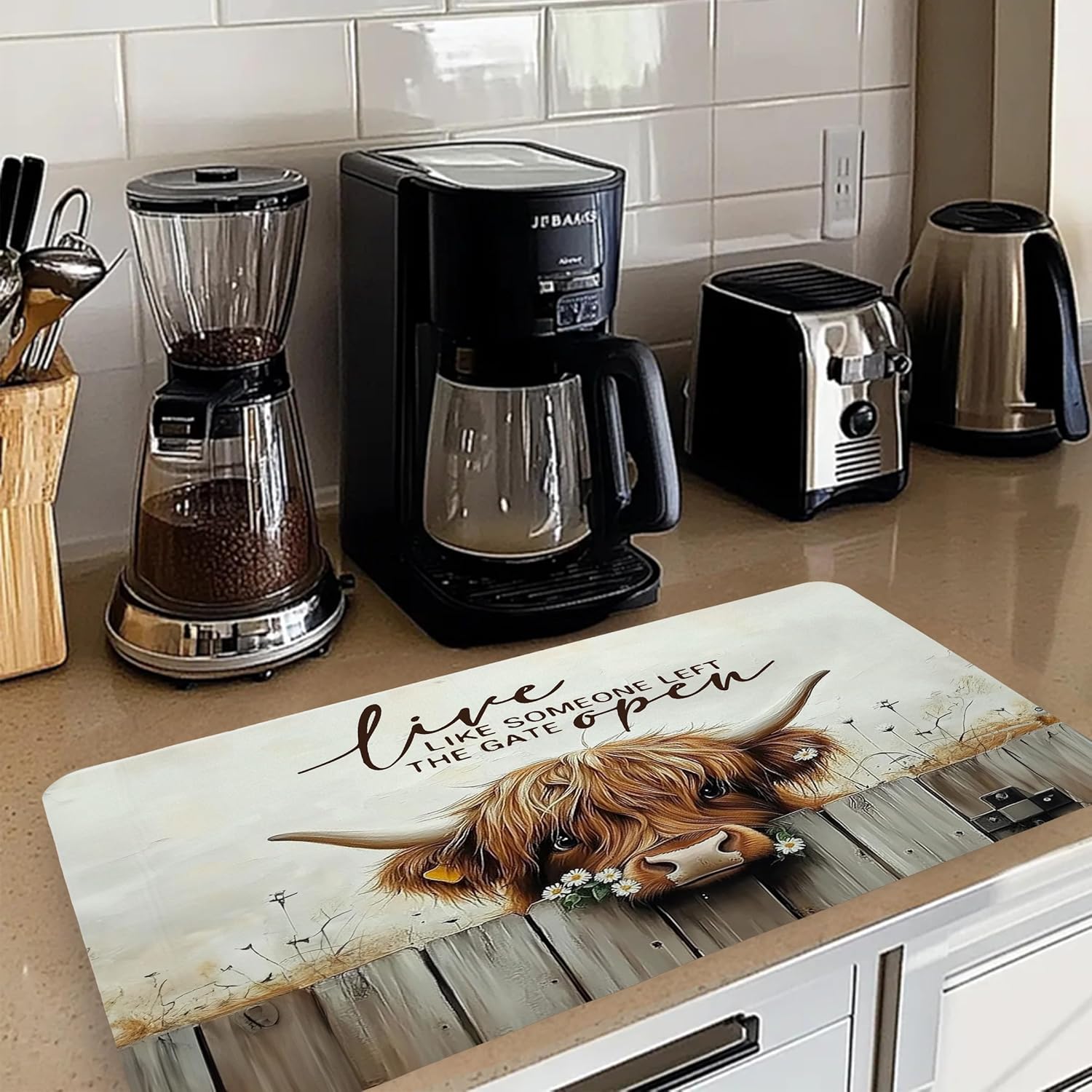 Farmhouse Highland Cow Dish Drying Mat, Cow Lover Gifts Coffee Bar Mat for Countertops, Rustic Highland Cattle Absorbent Dish Drying Mats for Kitchen Counter Coffee Maker, 16x24 Inch