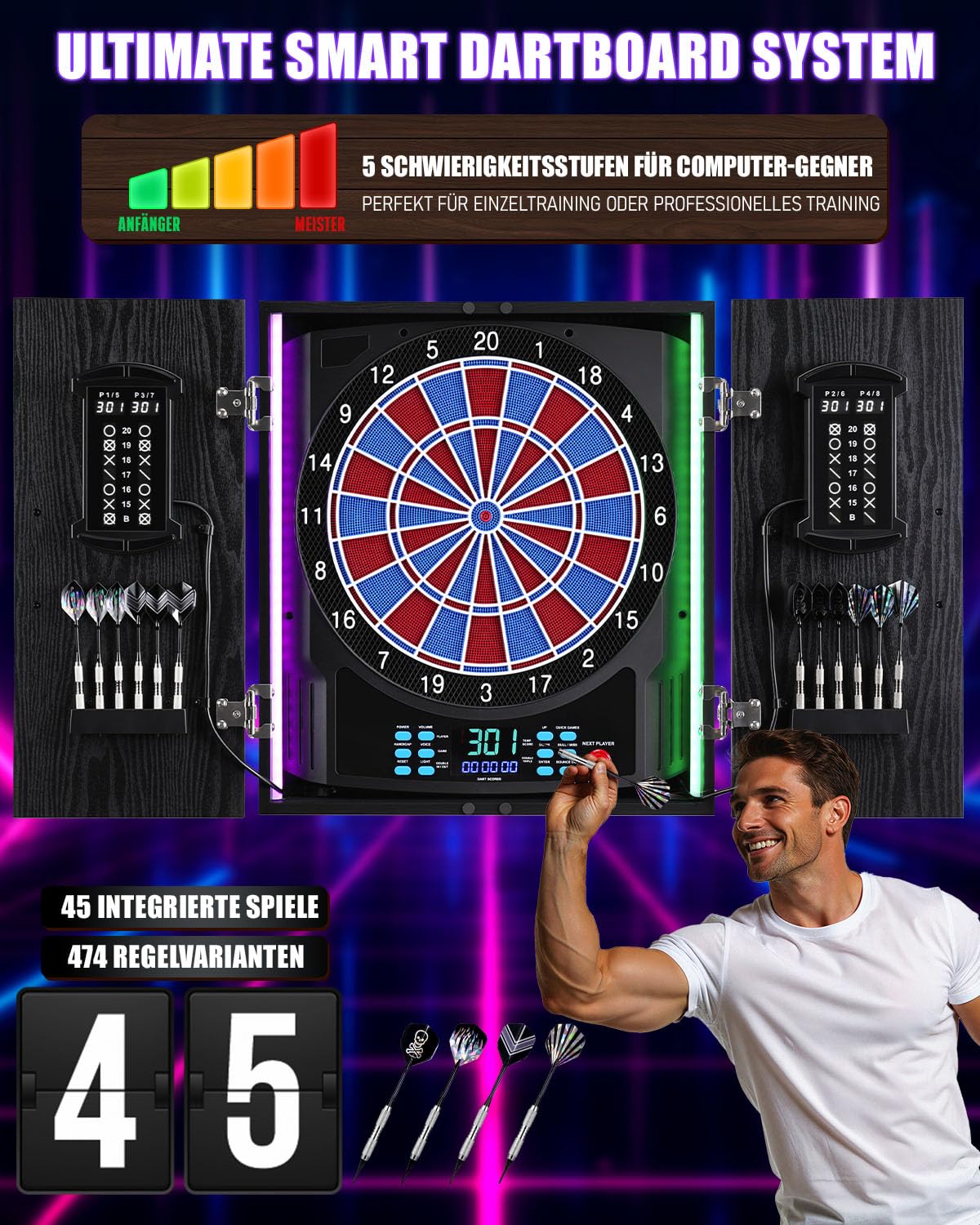 Dartscheibe Elektronisch, LED Dartscheibe Schrank mit Mustern