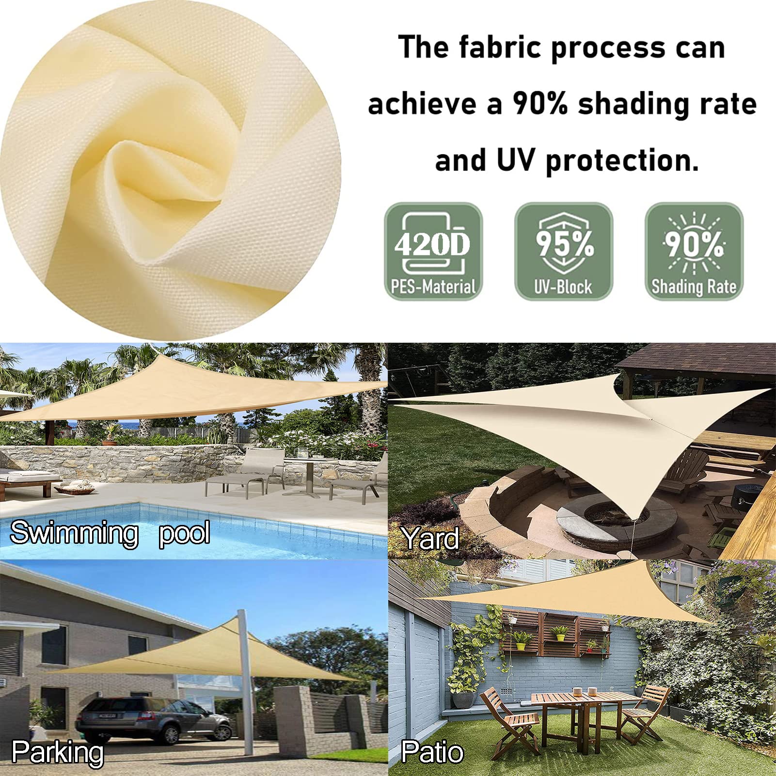 ZHANGY Sonnensegel Wasserdicht Dreieckig Terrasse Schattensegel 4.5x4.5x4.5m/15x15x15ft, Wasserabweisend Sonnenschutz Windschutz Multifunktional Atmungsaktiv Sonnensegel Anti UV, für Garten