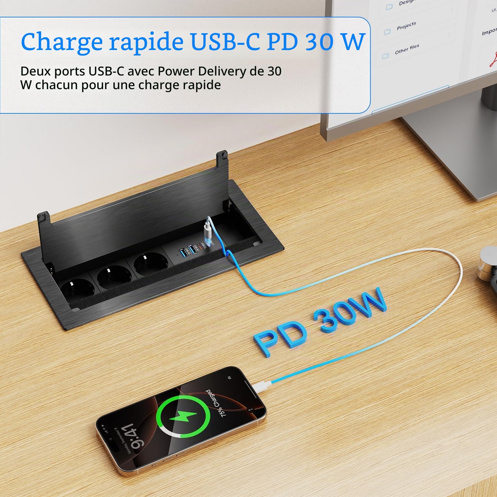 Prise encastrable Plan de Travail avec 3 Prises, 2 USB-C PD 30W, Aluminium