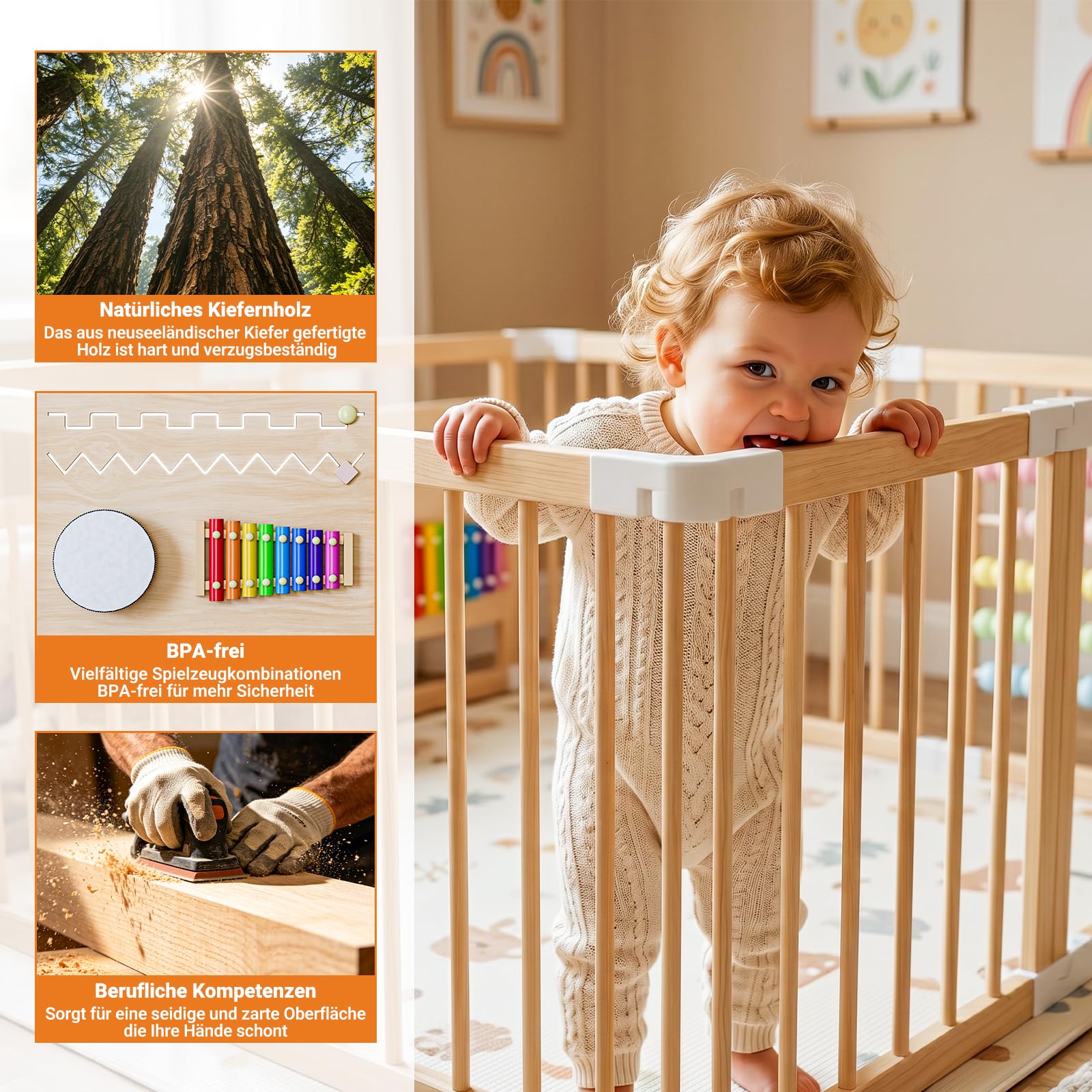 Laufstall Baby mit Spielzeug, Laufgitter Baby Faltbar aus Holz, Verstellbare Größe, mit Tür & Sicherheitsverschluss, Krabbelgitter Absperrgitter für Kleinkinder(240 * 160 * 61 cm)