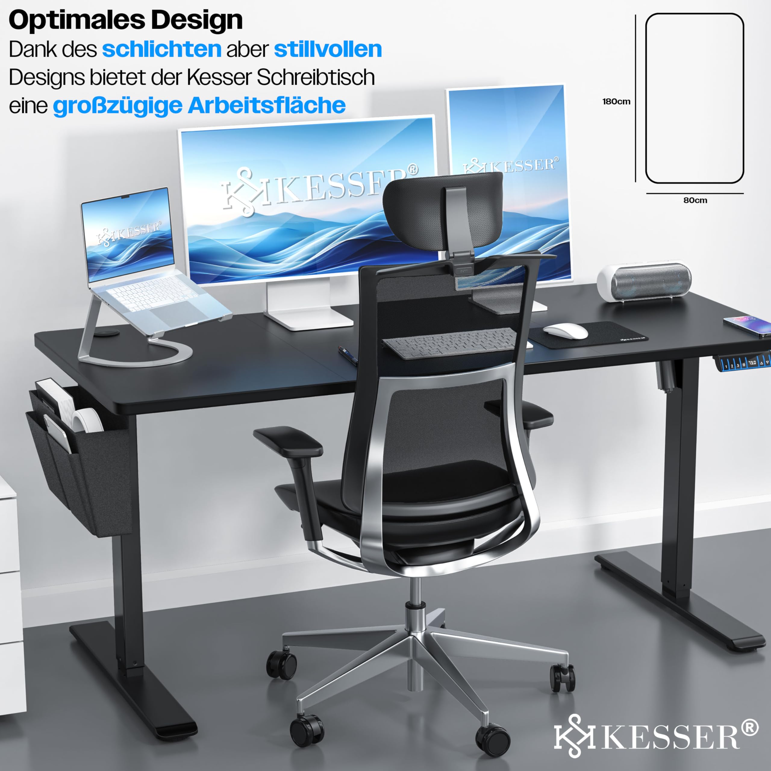 KESSER® höhenverstellbarer Schreibtisch elektrisch 180 x 80 cm, ergonomischer Steh-Sitz Tisch mit 3-Memory-Funktion, Stehtisch für Homeoffice, Inkl. Zubehör, USB-Ladeanschluss & 360° Rollen, Schwarz