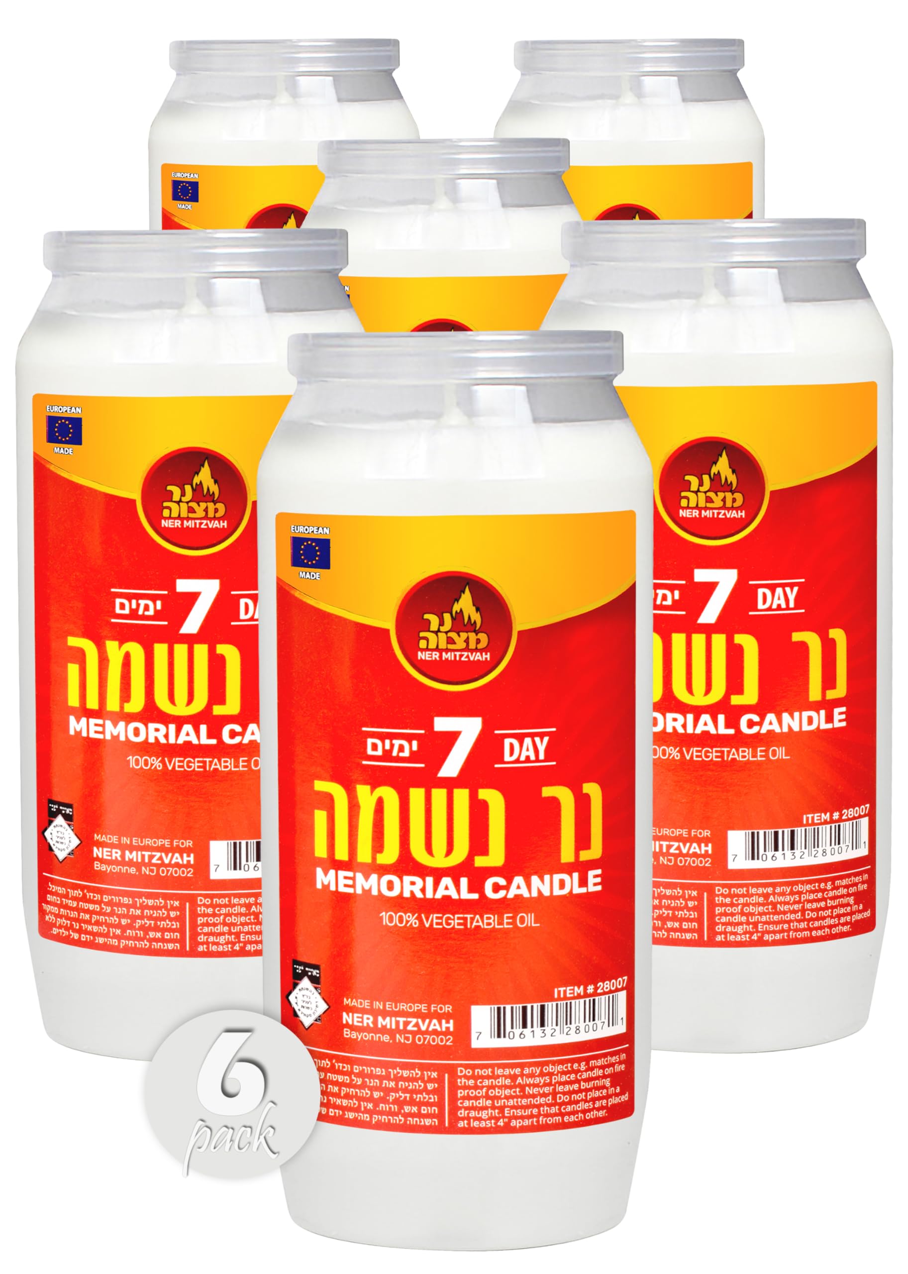 Ner Mitzvah 7 Day Yartzeit Candle - 6 Pack Kosher Yahrtzeit Memorial and Yom Kippur Candle in Plastic Holder
