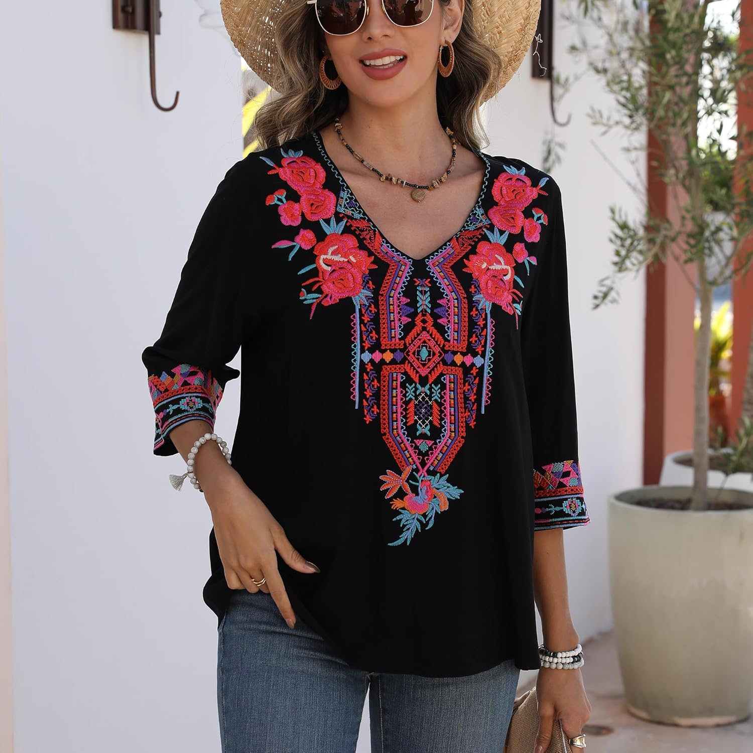 Higustar Women's Embroidered Tops Boho Floral Tunics Fiesta Shirts Peasant Hippie Clothes Traditional Bohemian Blouses - Image 5