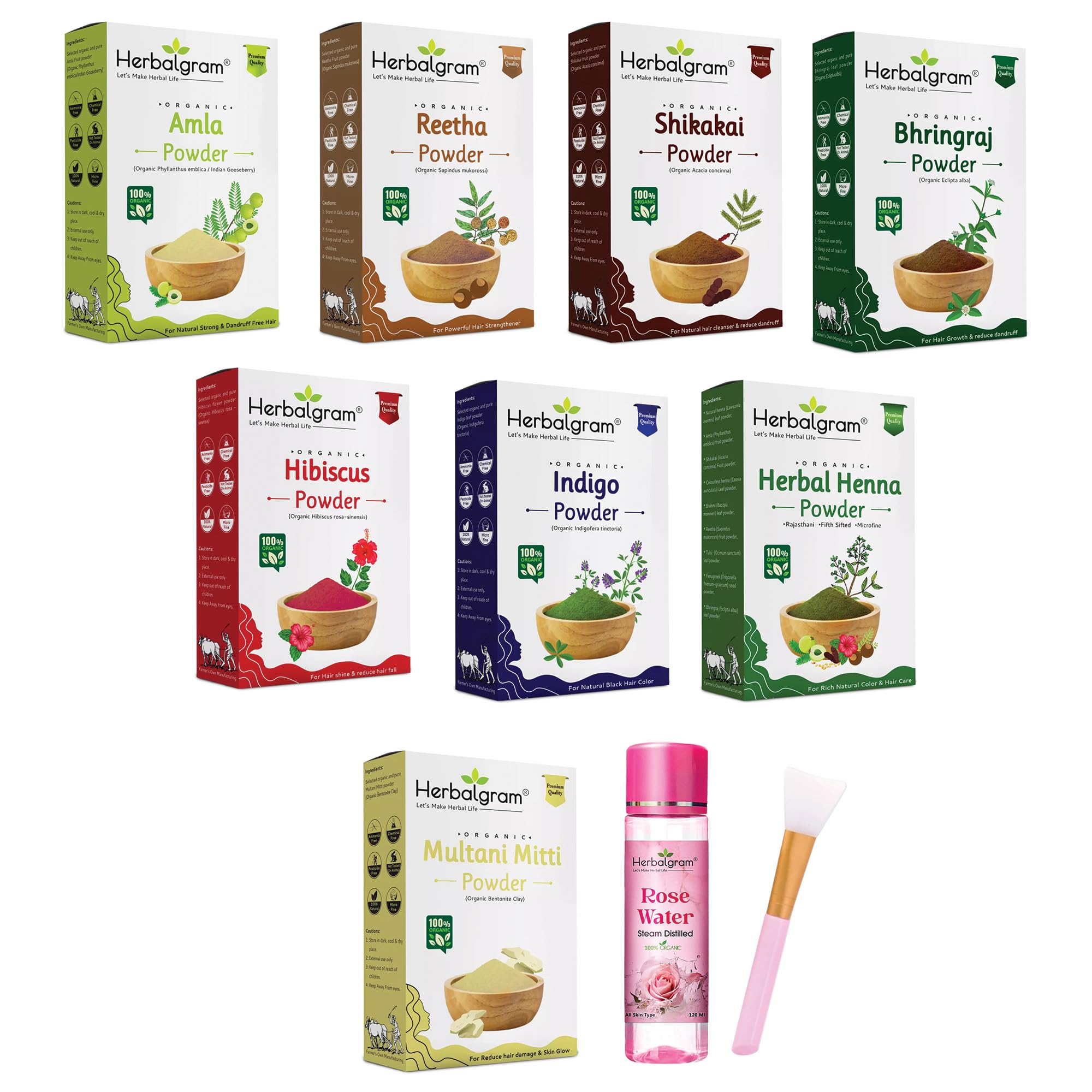 Herbalgram Herbal Hair Powder Combo with Amla Reetha Shikakai Bhringraj Hibiscus Indigo Henna & Multani Mitti 800g with Rose Water for Face 120ml | DIY Hair Pack Kit for Hair Care Routine-image-12