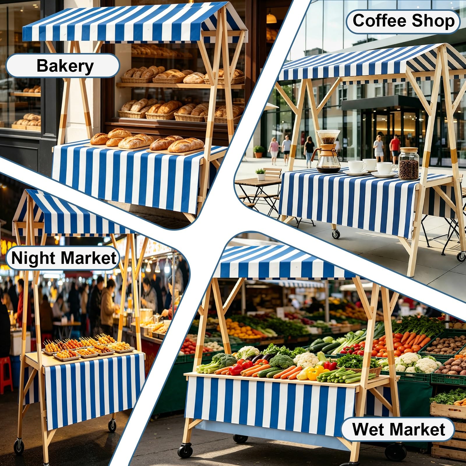 Carretto per Venditori Portatile con Tettuccio, Carretto Pieghevole per Alimenti con Ruote, Stand Espositivo per Mercati, per attività Commerciali(Red,120cm/47.2in)
