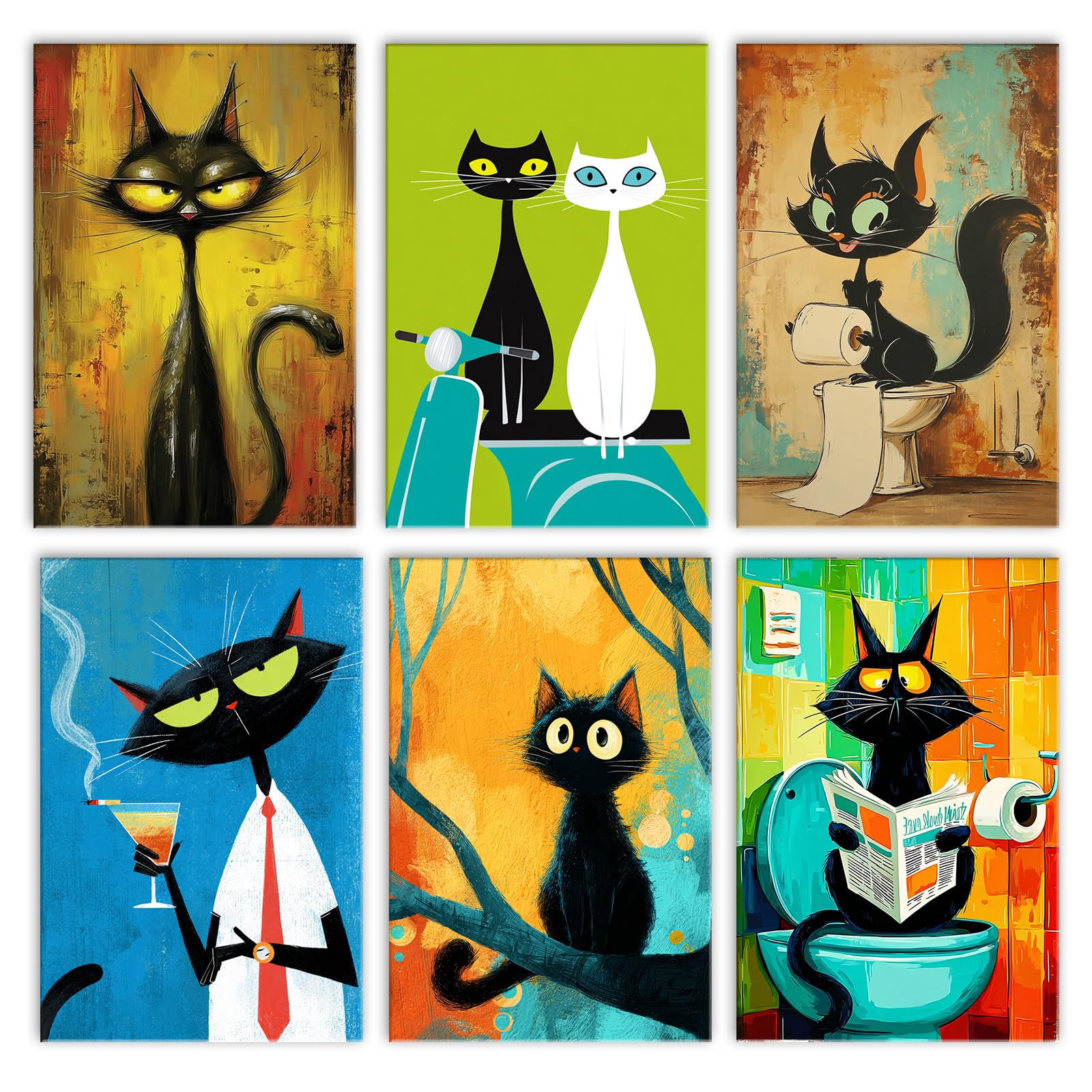 Walarky Cat Toilet Drawing Paint by Number Adults Set of 6 Graffiti Animal Digital Oil Painting Frameless