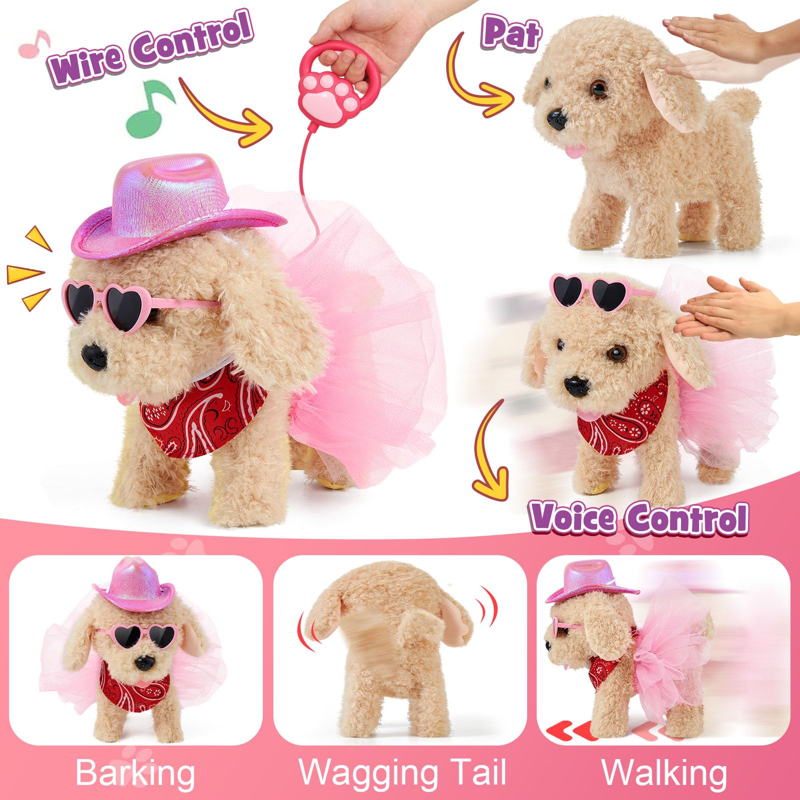 Toyssa Perrito Juguete Ladra y Anda con Correa, Perro Peluche Juego de Roles Vestirse Alimentar Bañar Perro Juguete Interactivo Cumpleaños Navidad Regalo Niña Niño 3 4 5 6 7 Años