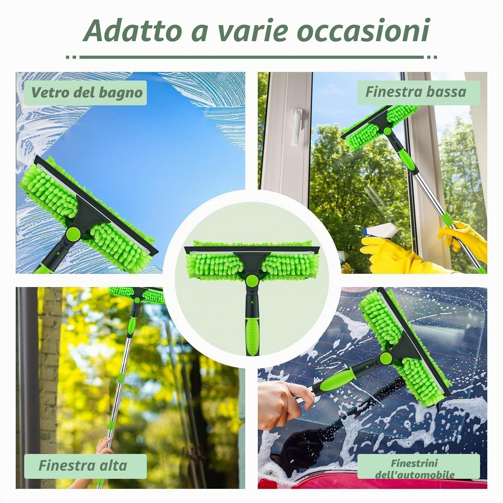 4,3 m t Lavavetri Telescopico, 2 in 1 Pulitore Vetri Finestre Lava con Tergivetro con 2 panni in microfibra Pulisci Vetri,Testa a 180° Lavavetri per Specchi Auto Vetro Finestra Alta