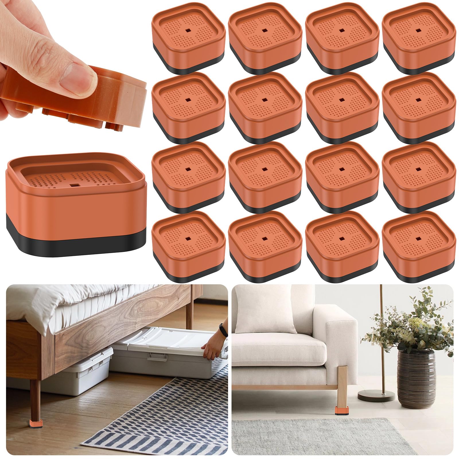 16 Piece Adjustable Furniture Risers with Nonslip Bottom Stackable Bed Lifter Versatile Bed Raising Blocks 3.5cm Table Leg Extenders for Table Desk Couch Chair Sofa Cabinet Beds Legs (Brown-16pcs)