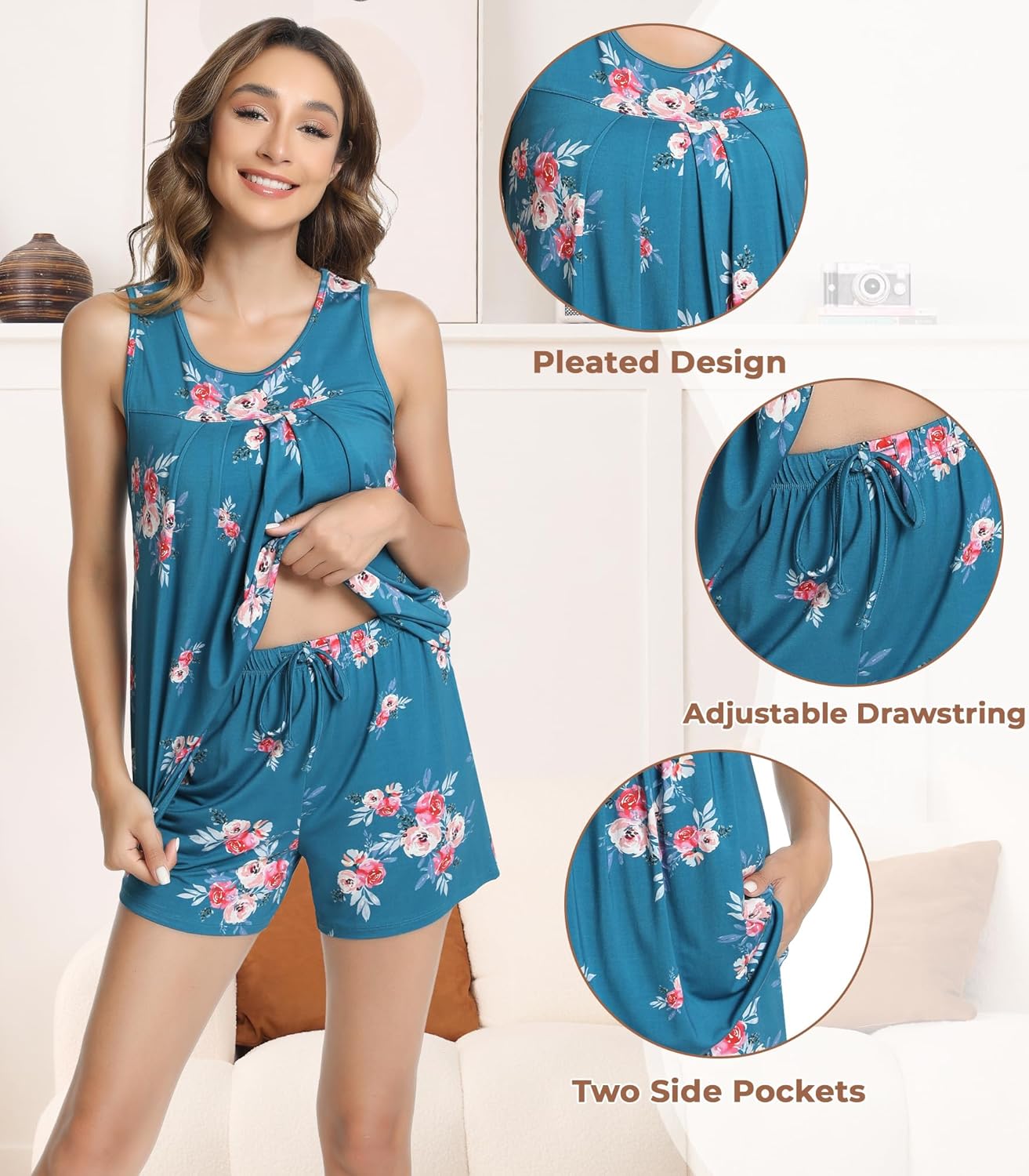 NACHILA Pajamas for Women-Viscose from Bamboo, Ribbed Racerback Tank Top Sexy Split Shorts Pajama Sets Cooling Sleep Cami Pjs - Image 4