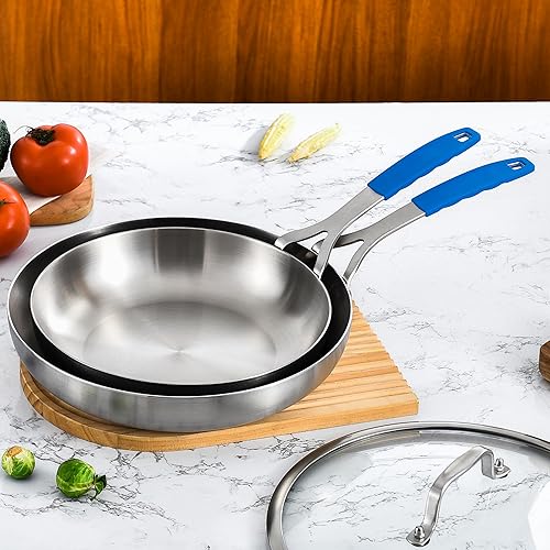 Miniatura 6 de Inqibee Juego de sartenes de acero inoxidable de tres capas de 8.5-10-12 pulgadas con tapas, sartenes, sartenes de inducción, juego de ollas y