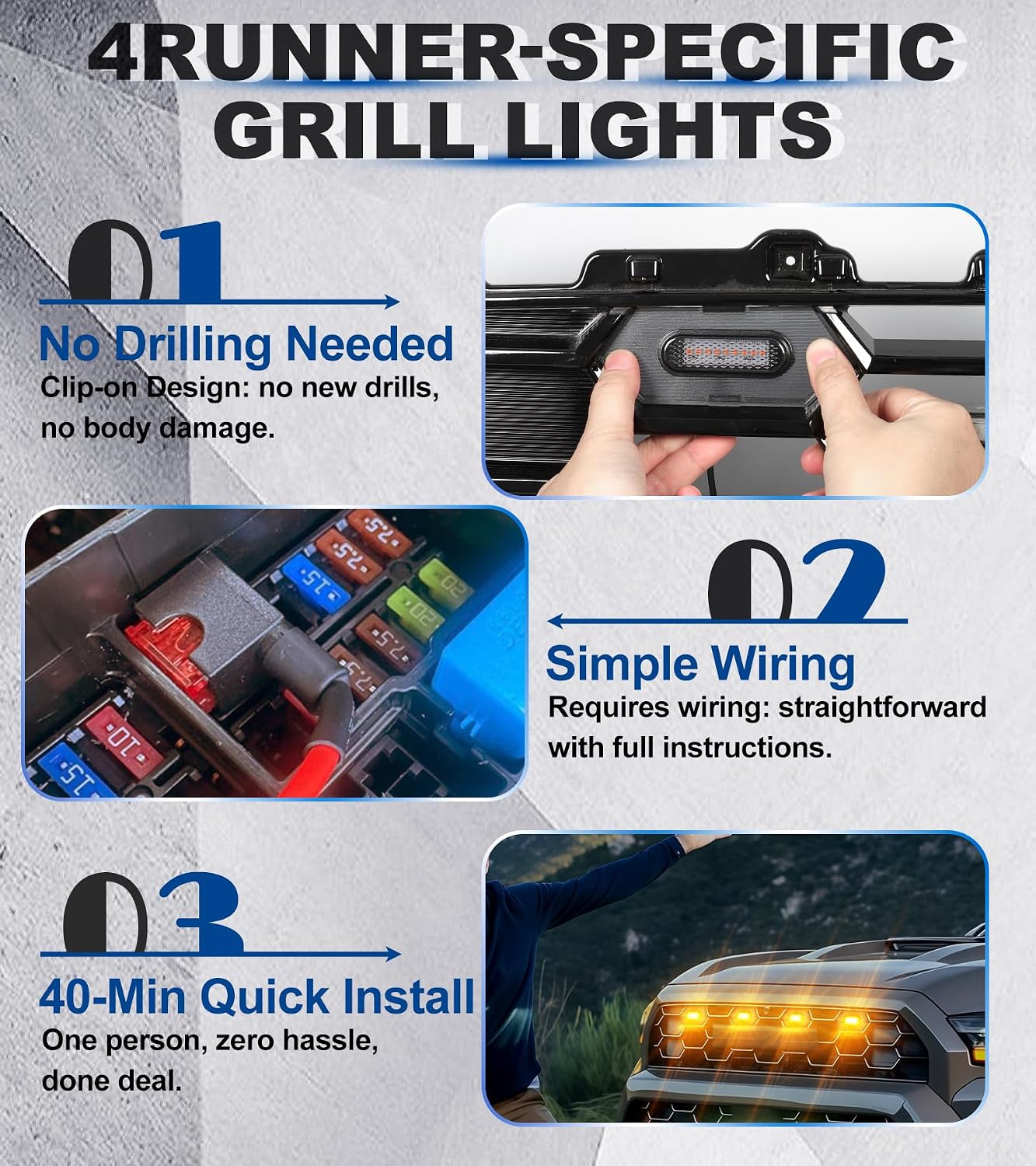 LED Grill Lights for 2025 2026 Toyota 4Runner Raptor Lights Front Grille Light Bar Head Lamp 4 Runner Accessories 6th Gen (Amber, TRD Pro & Trailhunter Only)