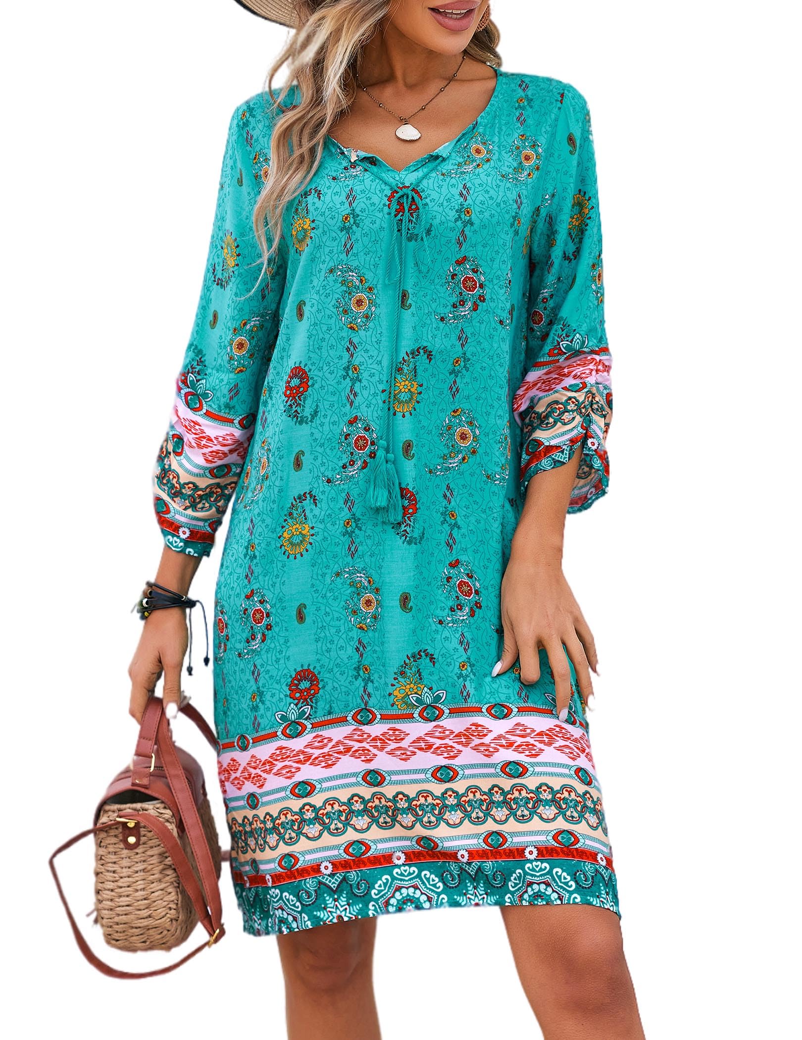 Zeagoo Sommerkleider Damen Strandkleid Bohemian Sommer Casual Blumen Kurzes Kleid Midikleid Elegant Freizeitkleider Mode Dress S