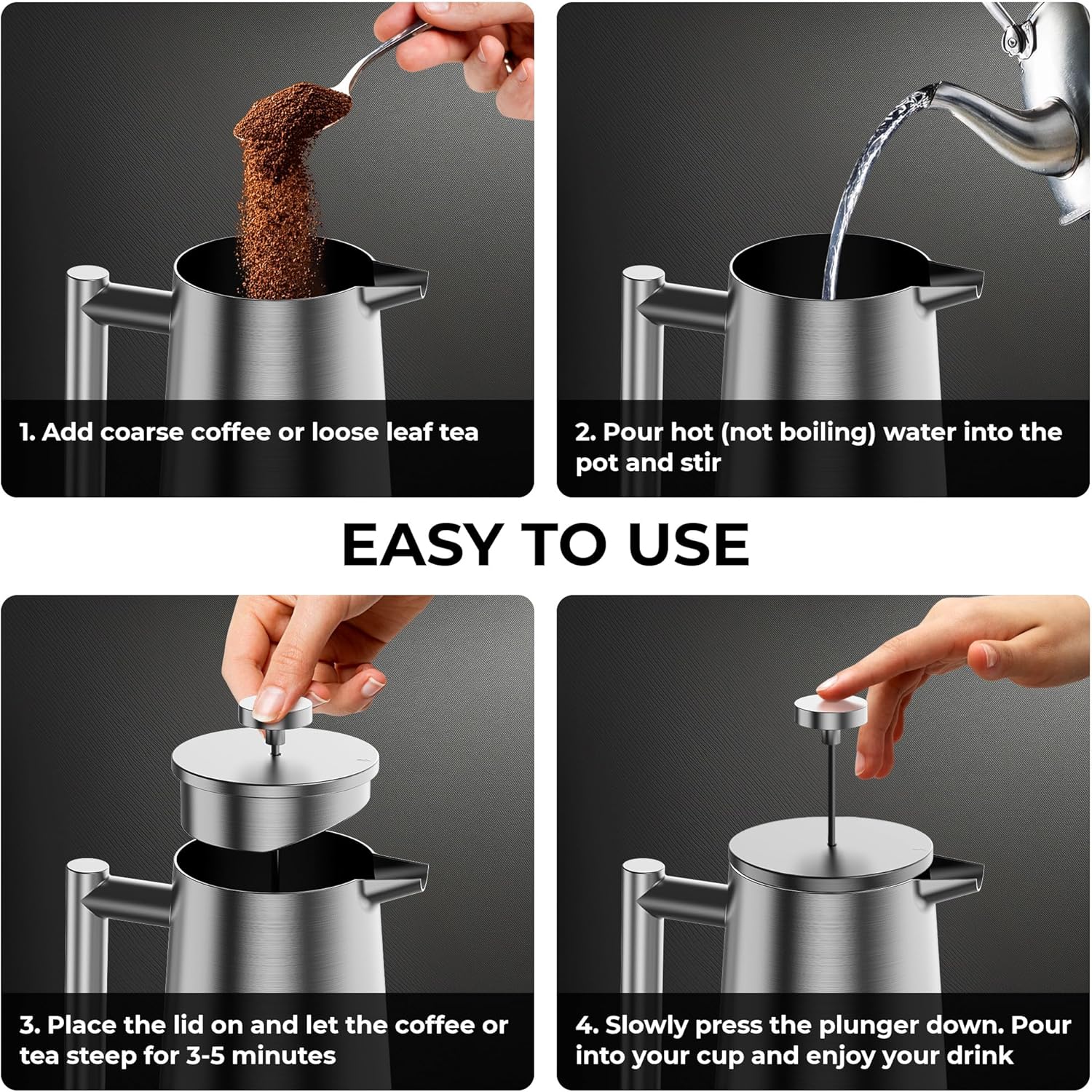 French Press Coffee Maker, Stainless Steel French Press, 34 Oz / 1L, Large Insulated Double Wall Coffee Maker with 3 Extra Mesh Filters, Satin Finish, Silver