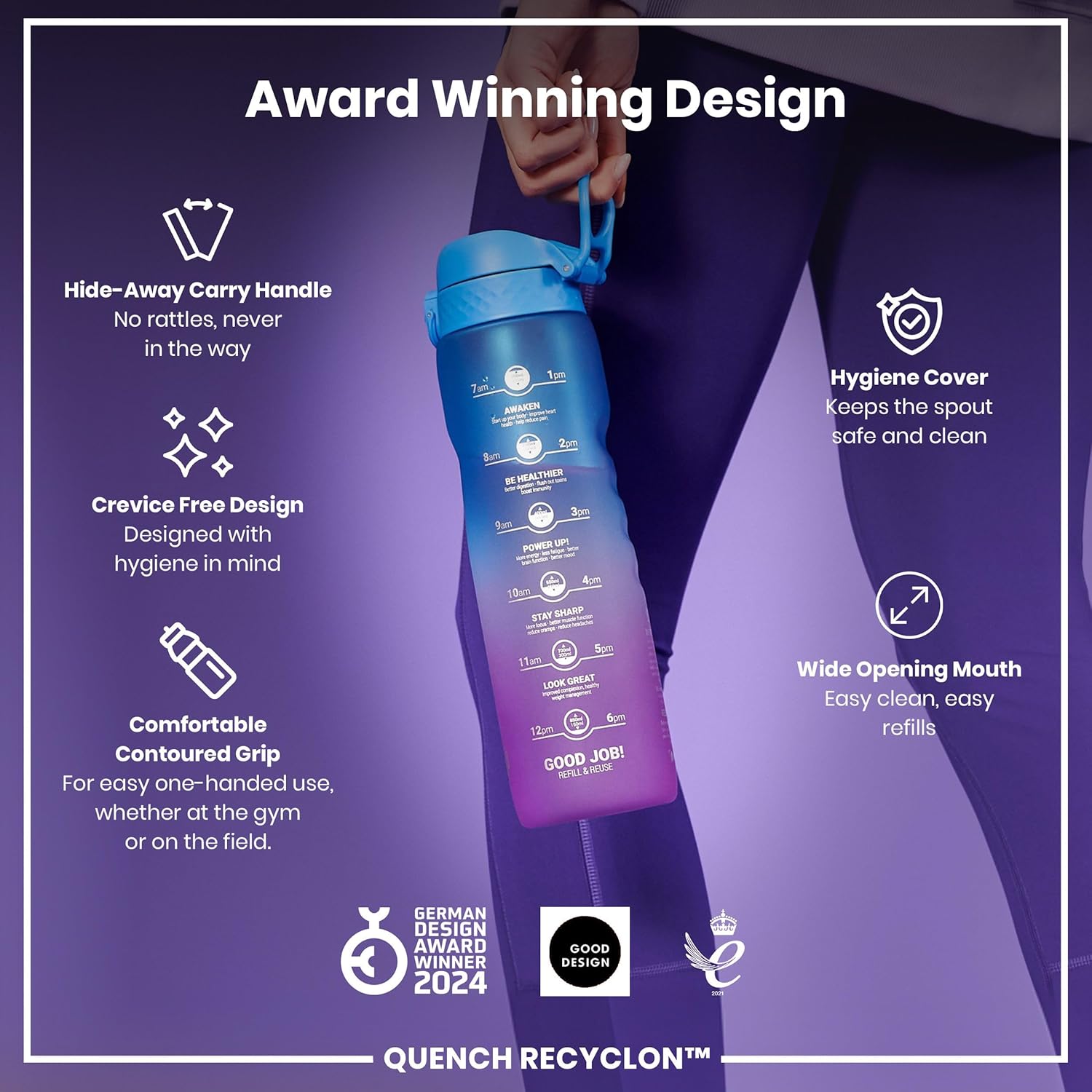 Ion8 1 Litre Water Bottle with Times to Drink, Leak Proof, Flip Lid, Carry Handle, Dishwasher Safe, BPA Free, Soft Touch Contoured Grip, Ideal for Gym, Health and Fitness, 32 oz, Blue & Pink