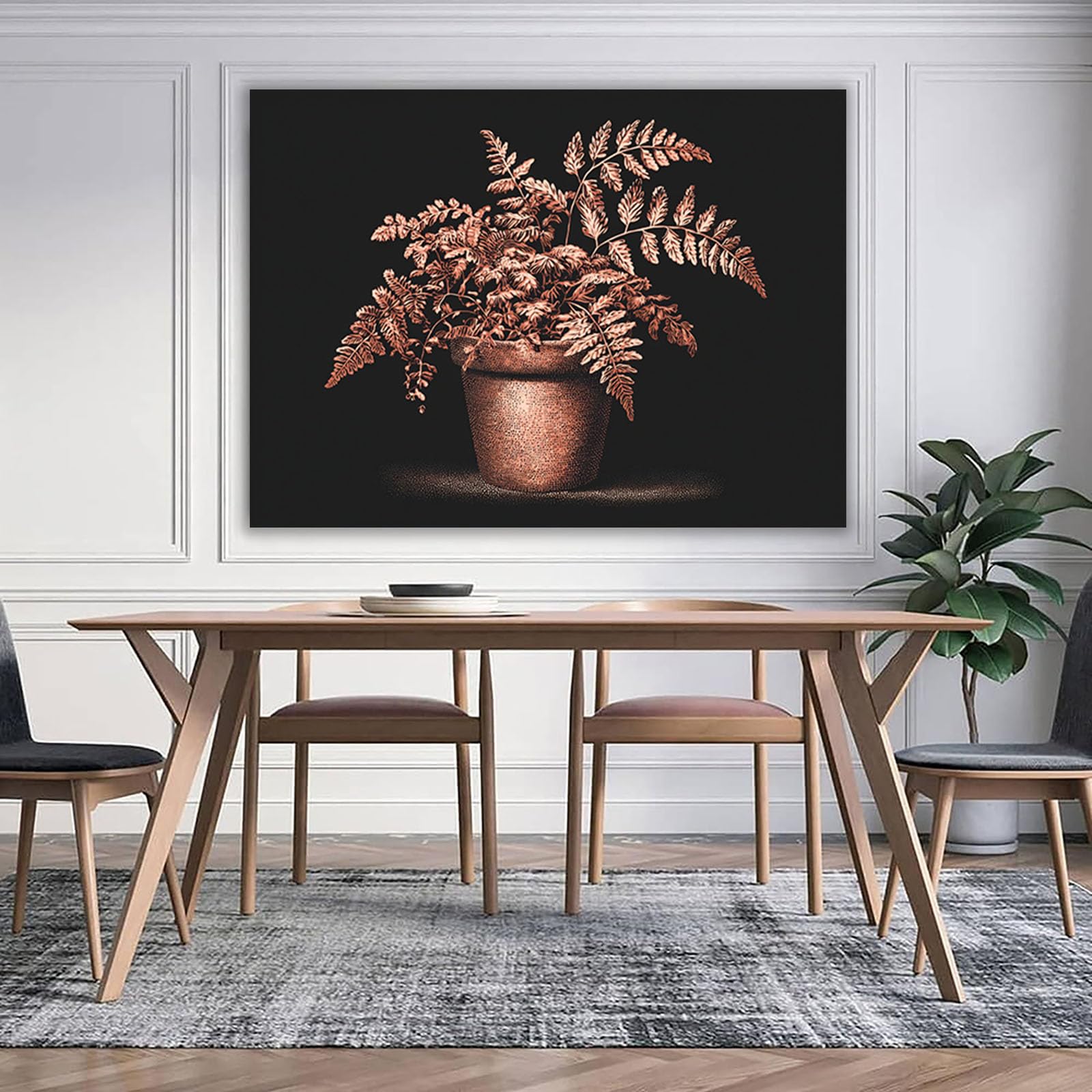 ZAMAEIU pósteres abstractos de hoja botánica impresa Macetas de helechos de cobre Arte Decorativo de la Oficina Sala de Estar（Negro-30x50cm Enmarcado