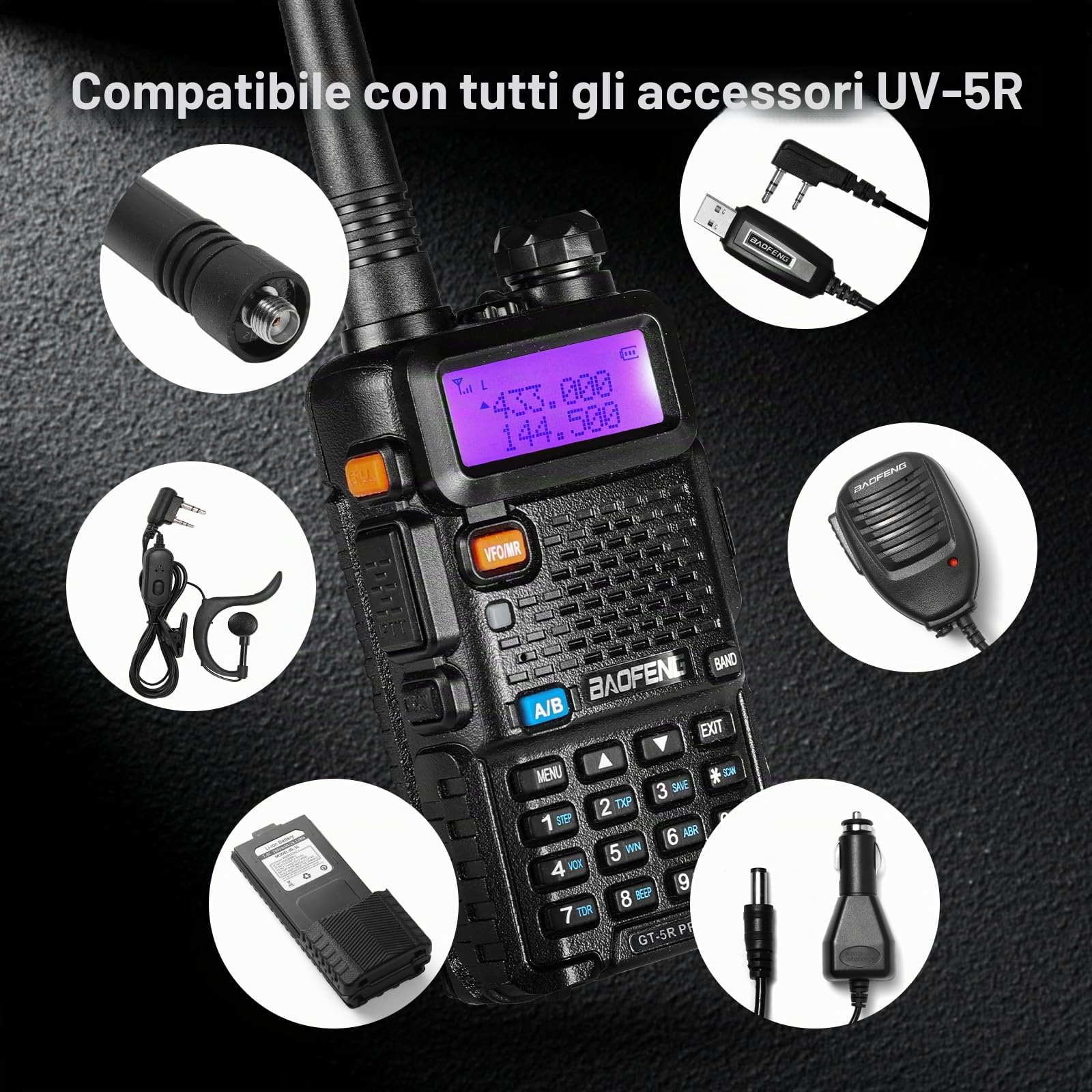 BAOFENG GT-5R Pro Walkie Talkie, radio dual band UHF VHF 144-146/430-440MHz, ampia portata, 128 canali, batteria 1800 mAh, cuffie per adulti, supportato da Chirp