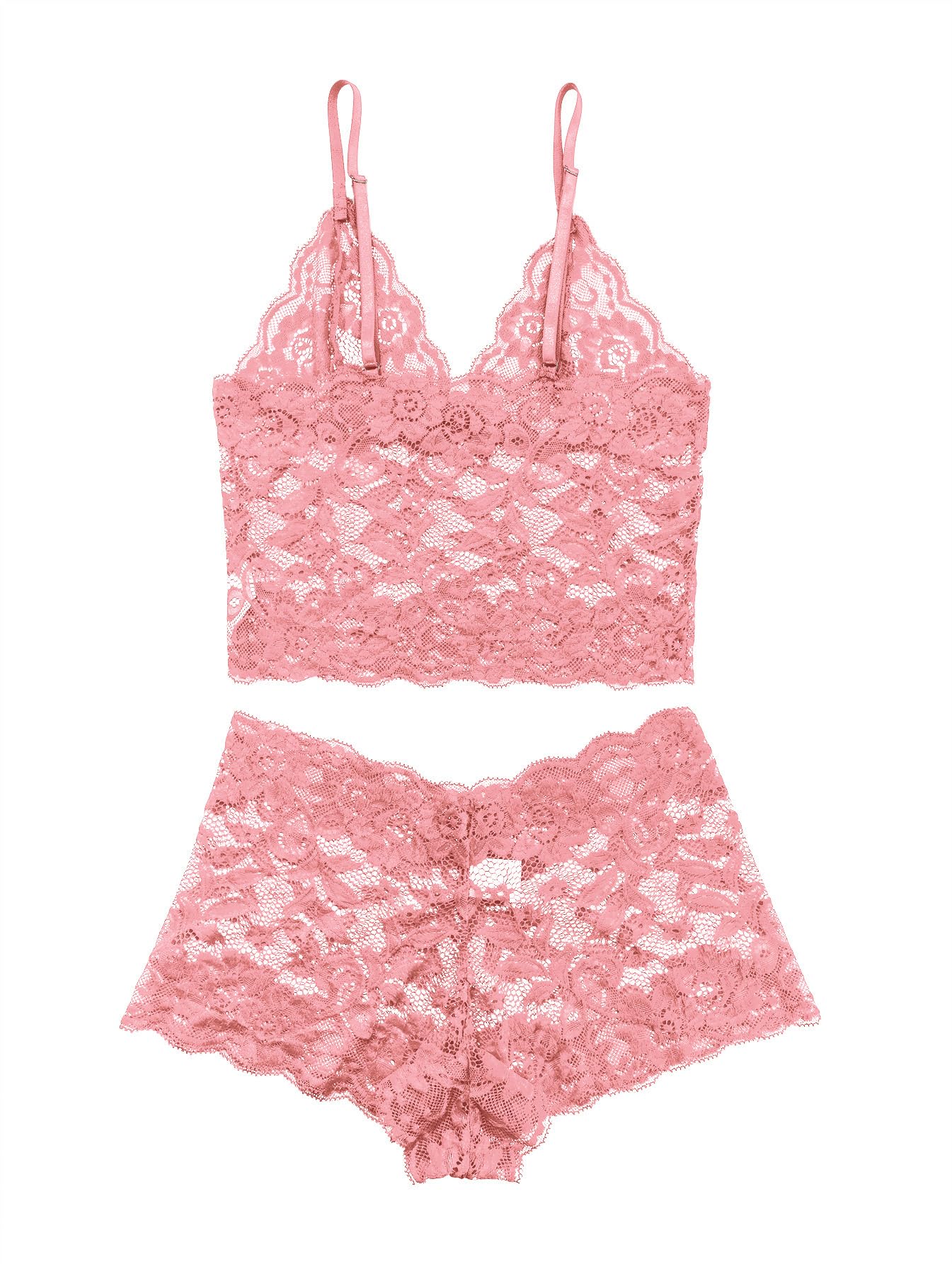 Lilosy Sexy Sheer Floral Lace Pajamas Lingerie Set High Waist Sleepwear Bra and Panty 2 Piece Nightwear: X-Large Dark Pink