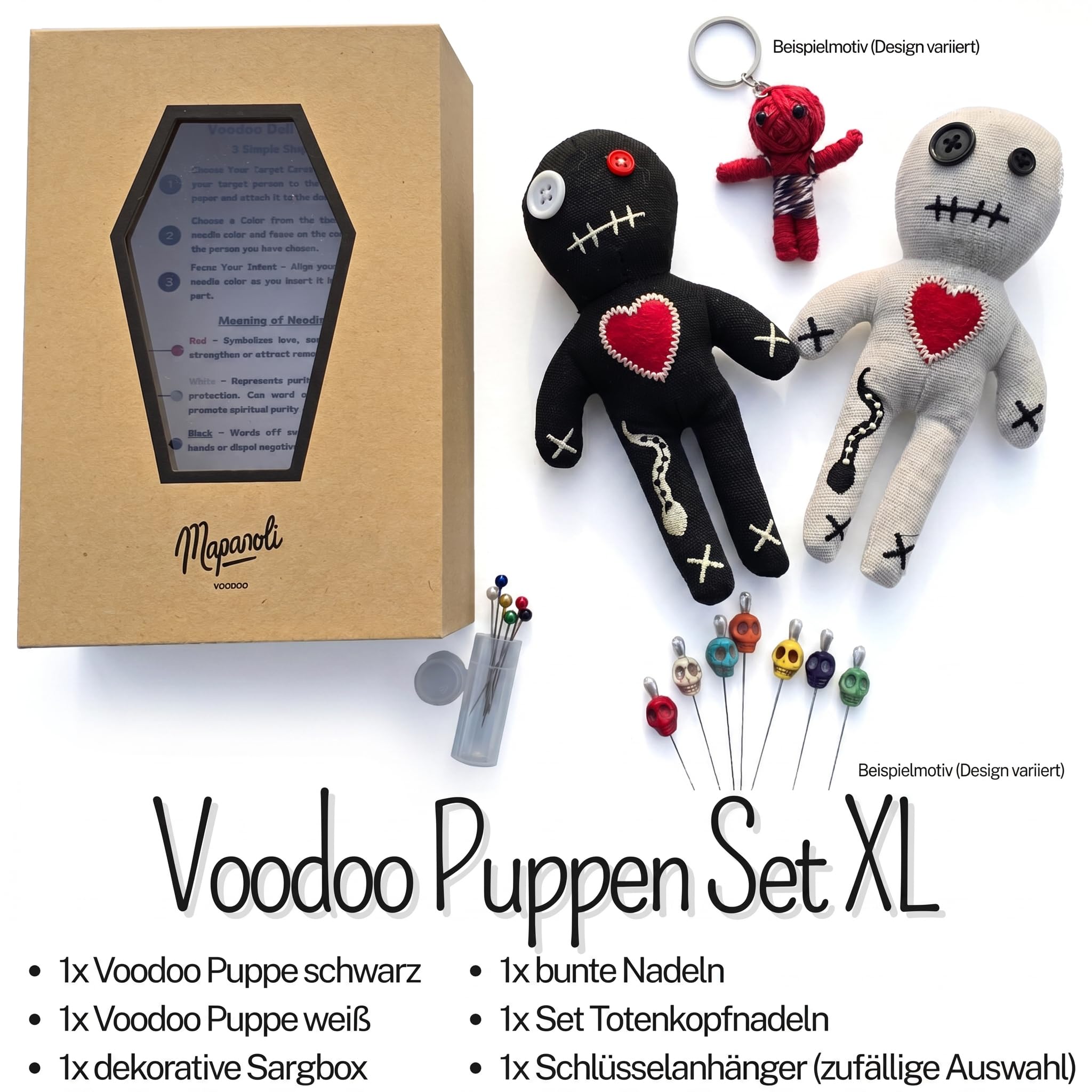 Mapanoli Voodoo Puppen Set XL – Schwarz & Weiß mit Nadeln, Totenkopf-Nadeln und Schlüsselanhänger – Humorvolles Deko- und Geschenkset