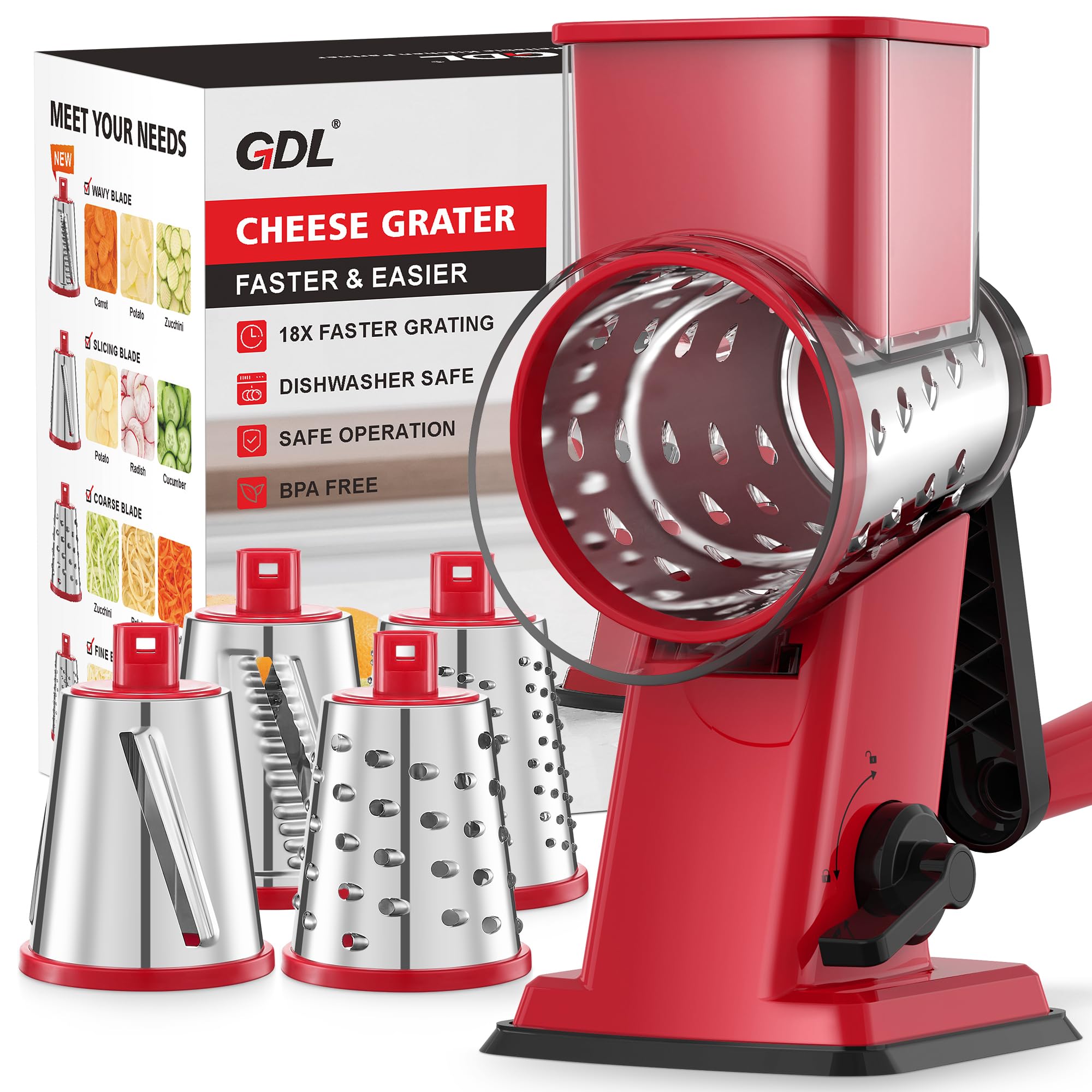 GDL Upgraded Cheese Grater Shredder Hand Crank, Vegetable Slicer, 4 Blades