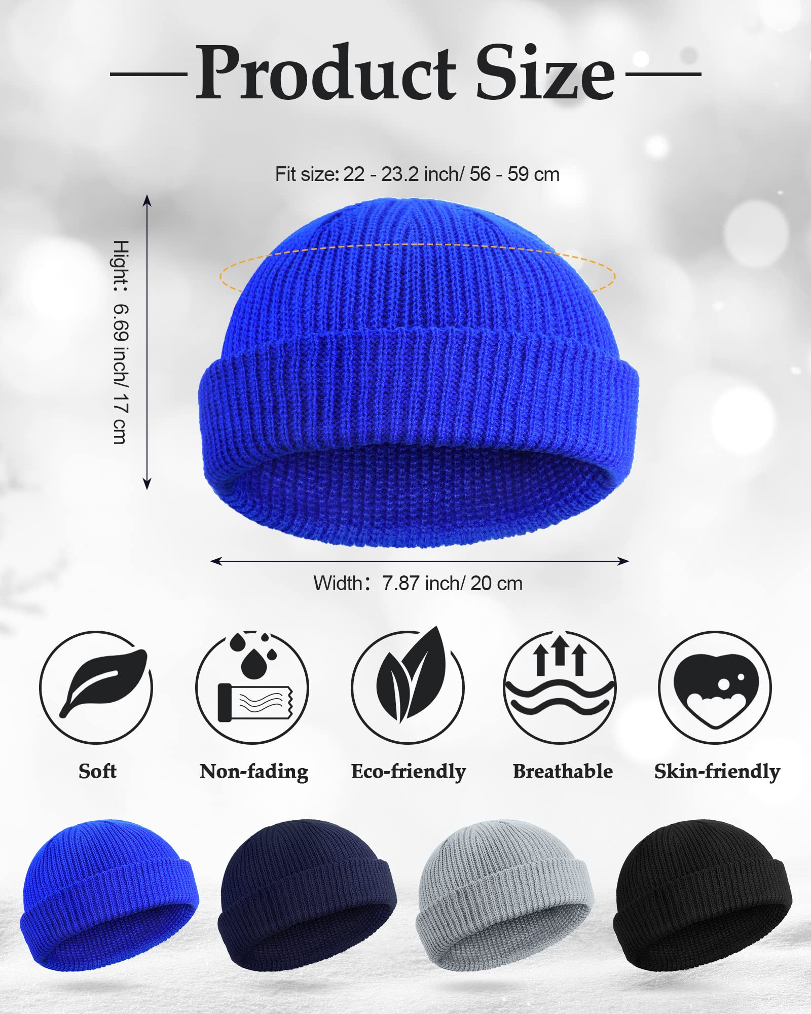 SATINIOR Winter Short Fisherman Beanie Hat Trawler Beanie Watch Hat Edge Skullcap for Men (Blue, Black, Grey, Navy Blue,)