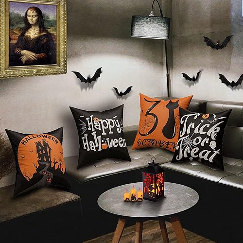 Miniatura 6 de CREATRILL Juego de 4 fundas de almohada de Halloween de 18 x 18 pulgadas, funda de almohada de lino suave con castillo de gato negro, decoración