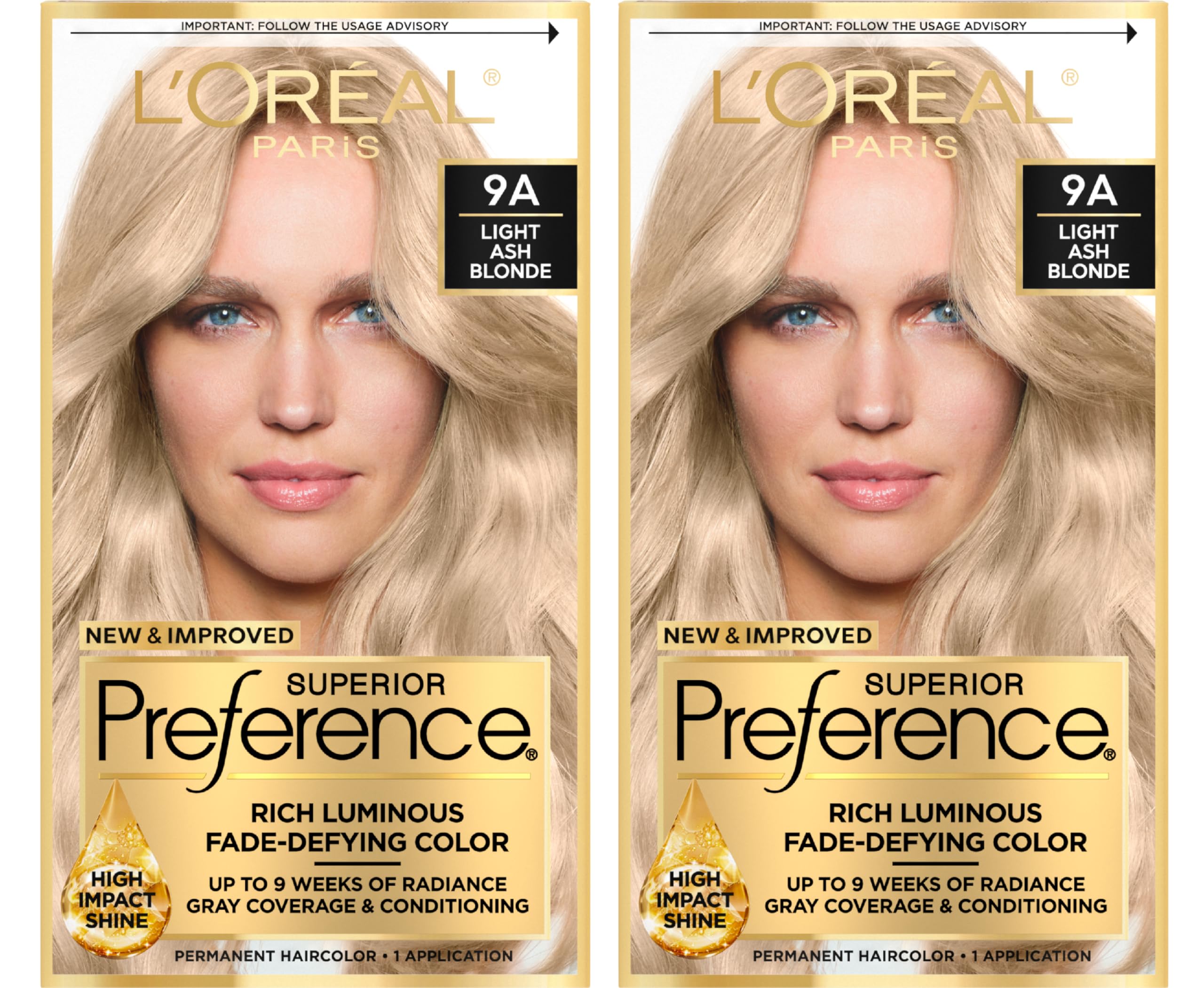 L'Oreal Paris Superior Preference Luminous Fade-Defying Permanent Hair Color, Hair Dye For Up to 9 Weeks of Radiance, Light Ash Blonde 9A, 1 Hair Dye Kit (Pack of 2)