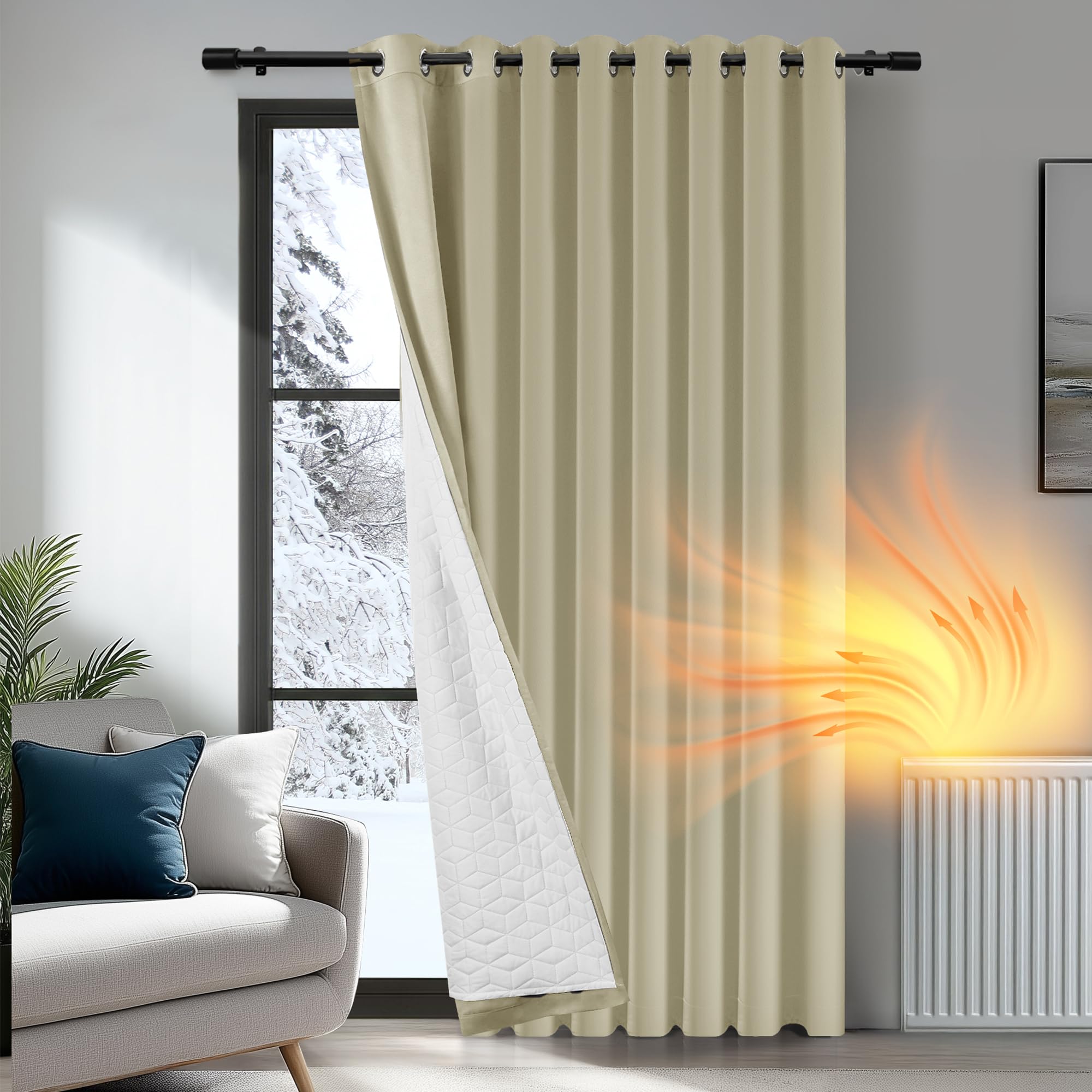 Deconovo Thermal Curtains for Winter, Energy Saving Extra Wide Door Panel with Thick Microfiber Lining, Windproof Soundproof Blackout Curtains for Bedroom, W 110" x L 63", Beige, 1 Panel