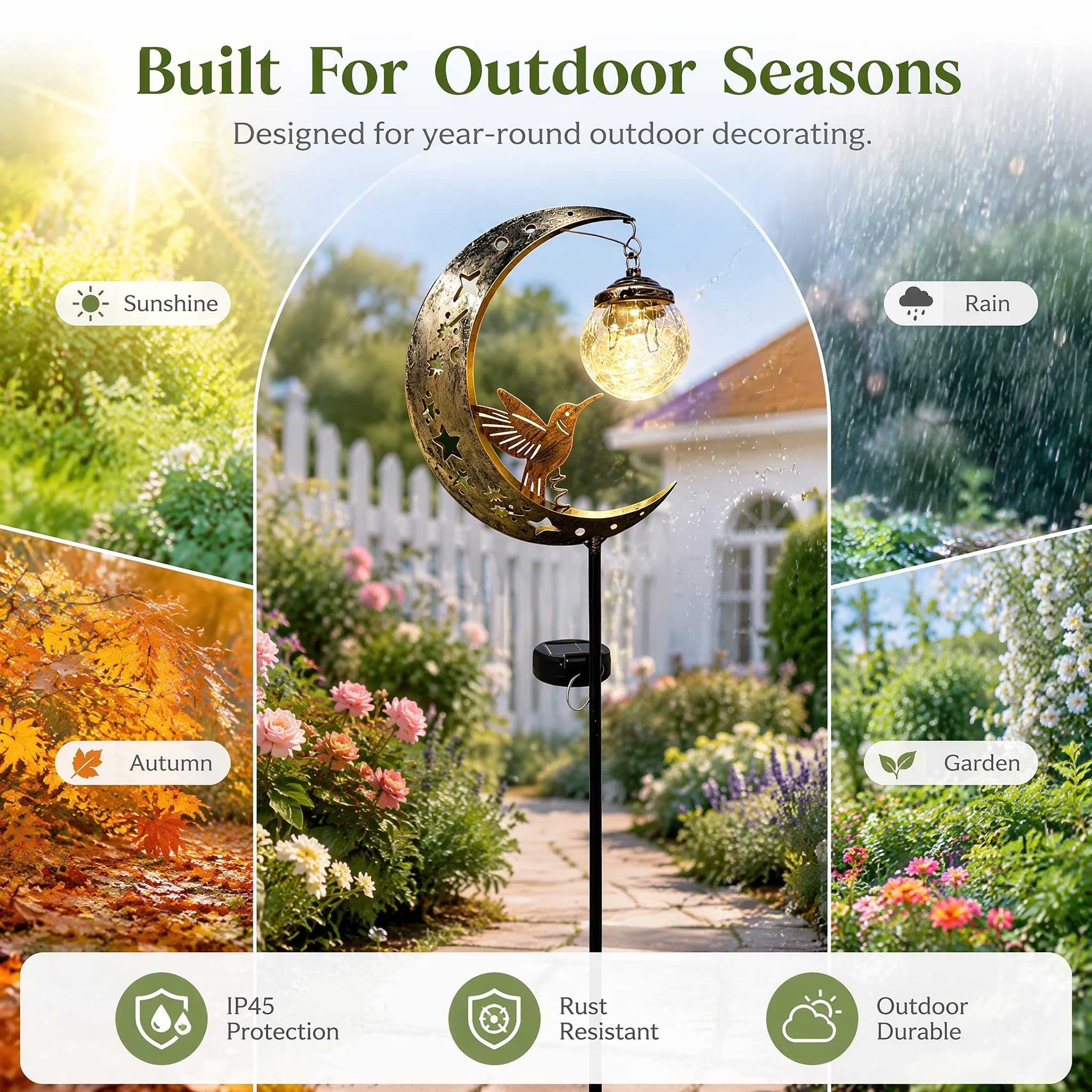 Kolibri Mond Solarleuchten Garten, wasserdichte Solar-Gartenstatuen, 2 | Halbmond-LED-Weg-Dekor mit Vogel, Craquelé-hängende Glaskugel aus Metall, Halbmond, für Hof, Weg, Rasen, Terrasse, Dekor