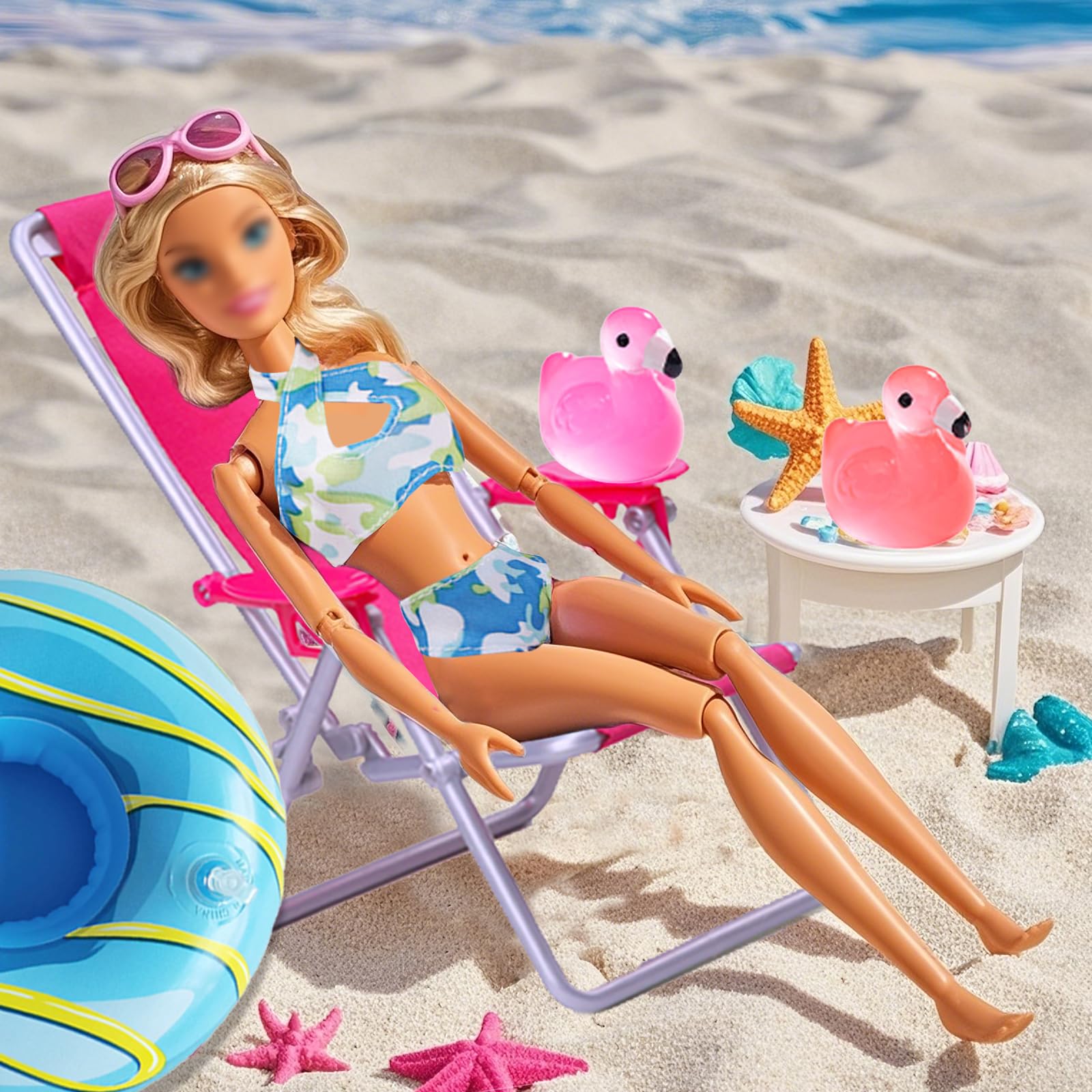 Xerteam 35 Badeanzug Kleidung Set für 11,5 Zoll Mädchen Puppen, Moden Bunte Puppensachen mit 5 Set Bikini 1 Karierter Kleider 1 Tülljacke 8 Paar Schuhe, 14 Tauchzubehör Schwimmreifen Strandstühle