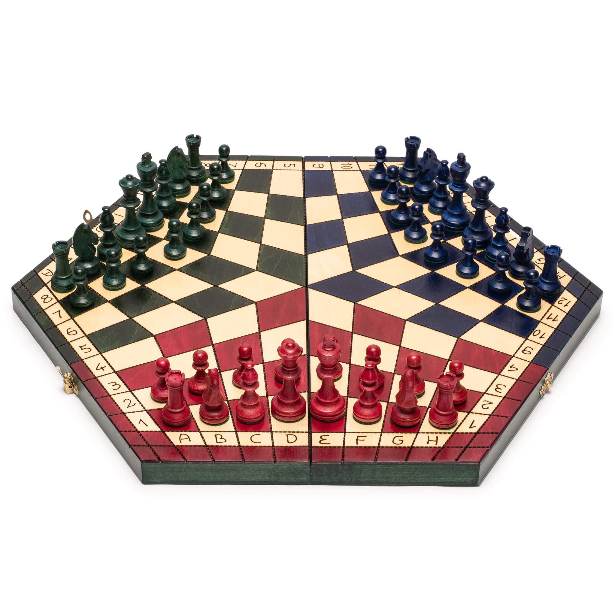 Husaria Wooden Three-Player Chess Set – 21" Foldable Hexagonal Board with Hand-Carved Tri-Color Pieces & Felt Storage – Made in Poland