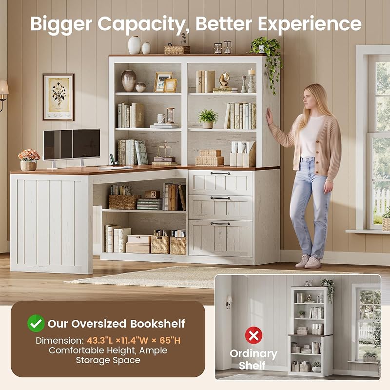 SEDETA Farmhouse L Shaped Computer Desk, 59'' Wood Office Desk with 3 Drawers and 5-Tier Bookshelf, Corner Desk with Storage Shelves and Power Outlet for Home Office Small Space, Vintage White + Brown image 4